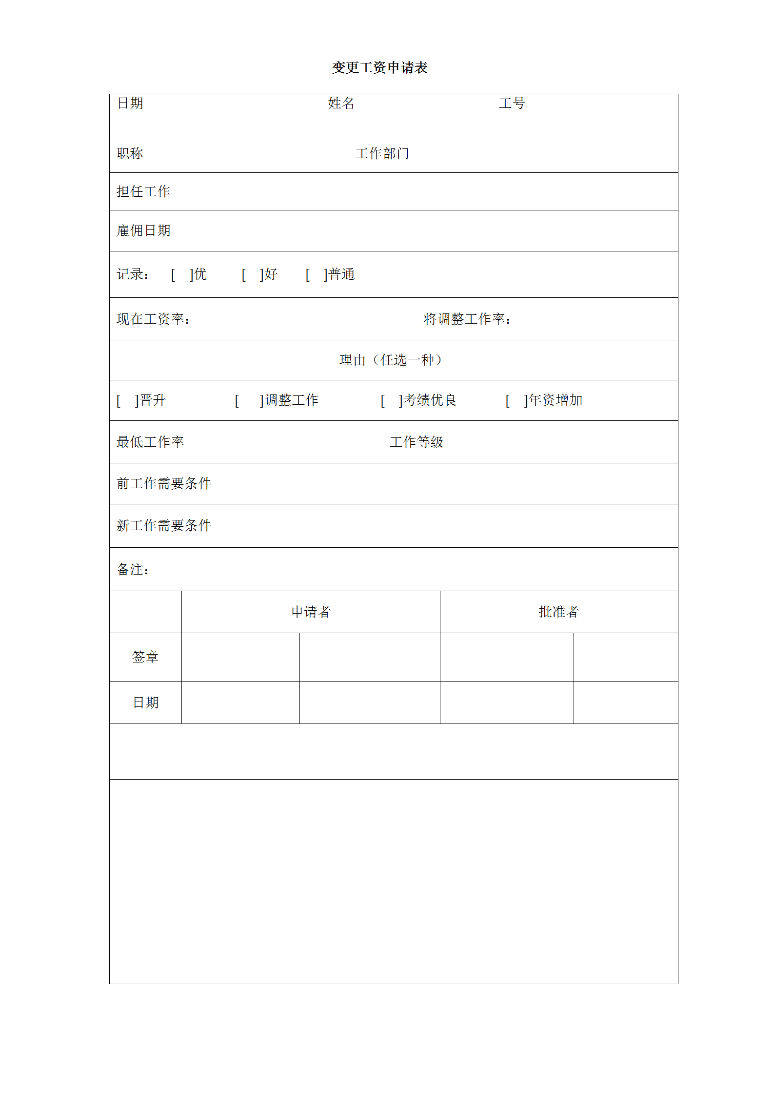 变更工资申请表word模板