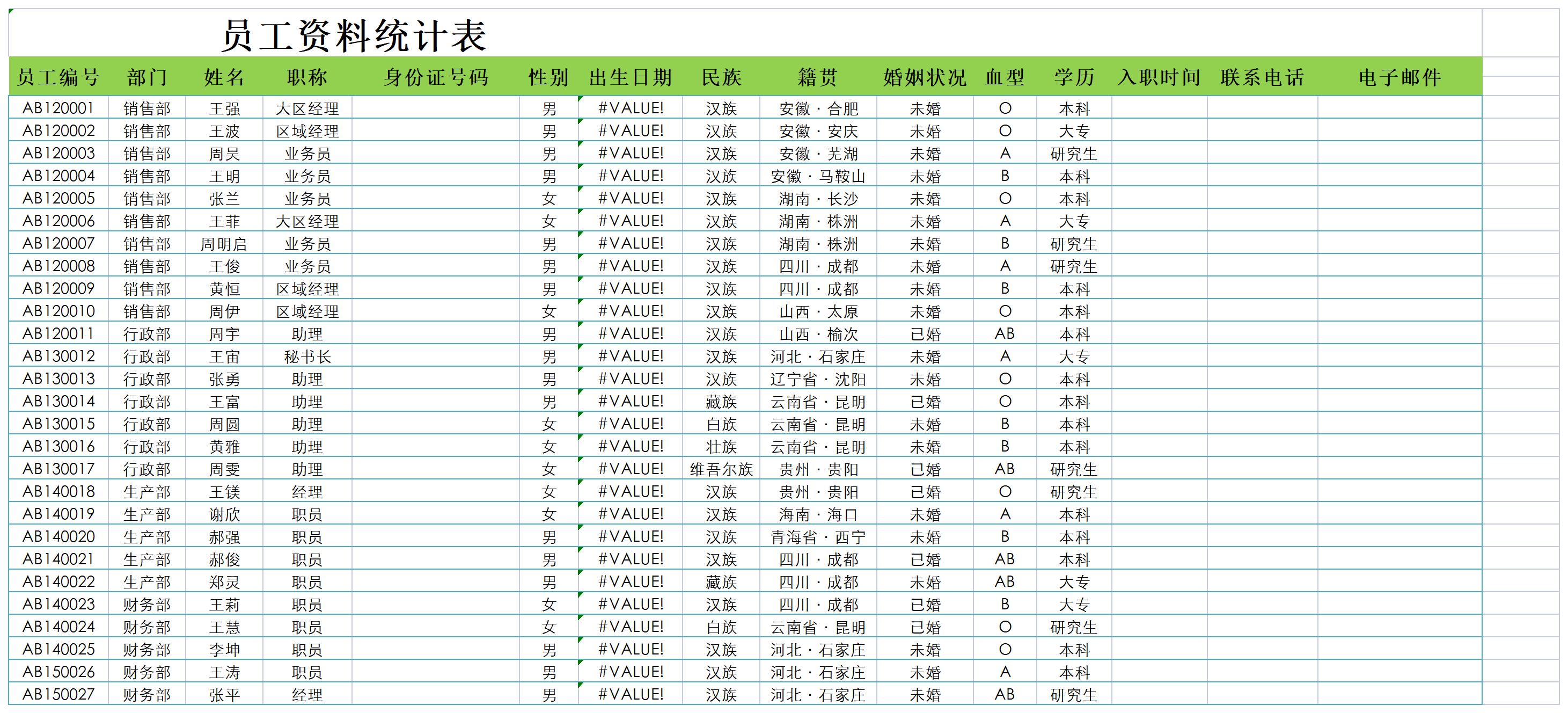各部门员工资料统计表excel模板