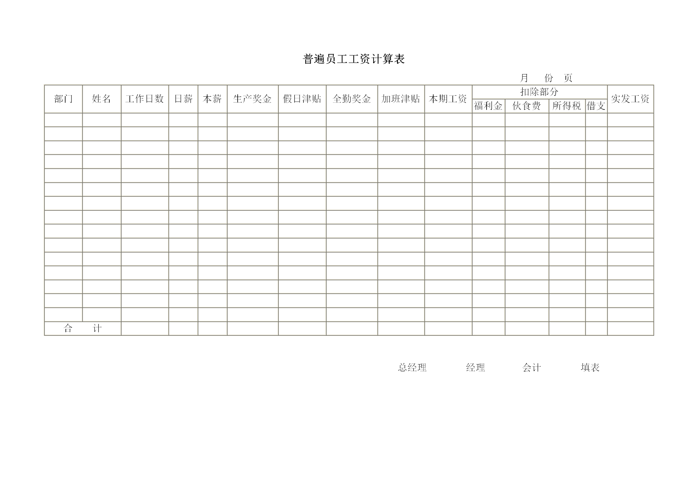 企业普遍员工工资计算表word模板