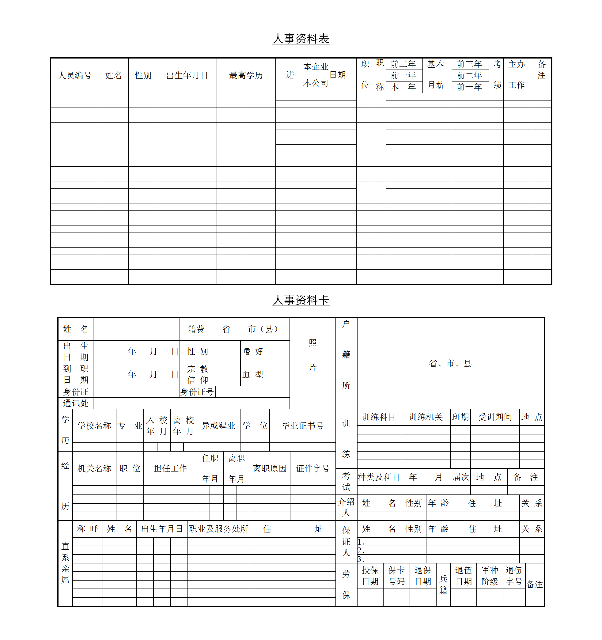 企业管理人事资料表word模板