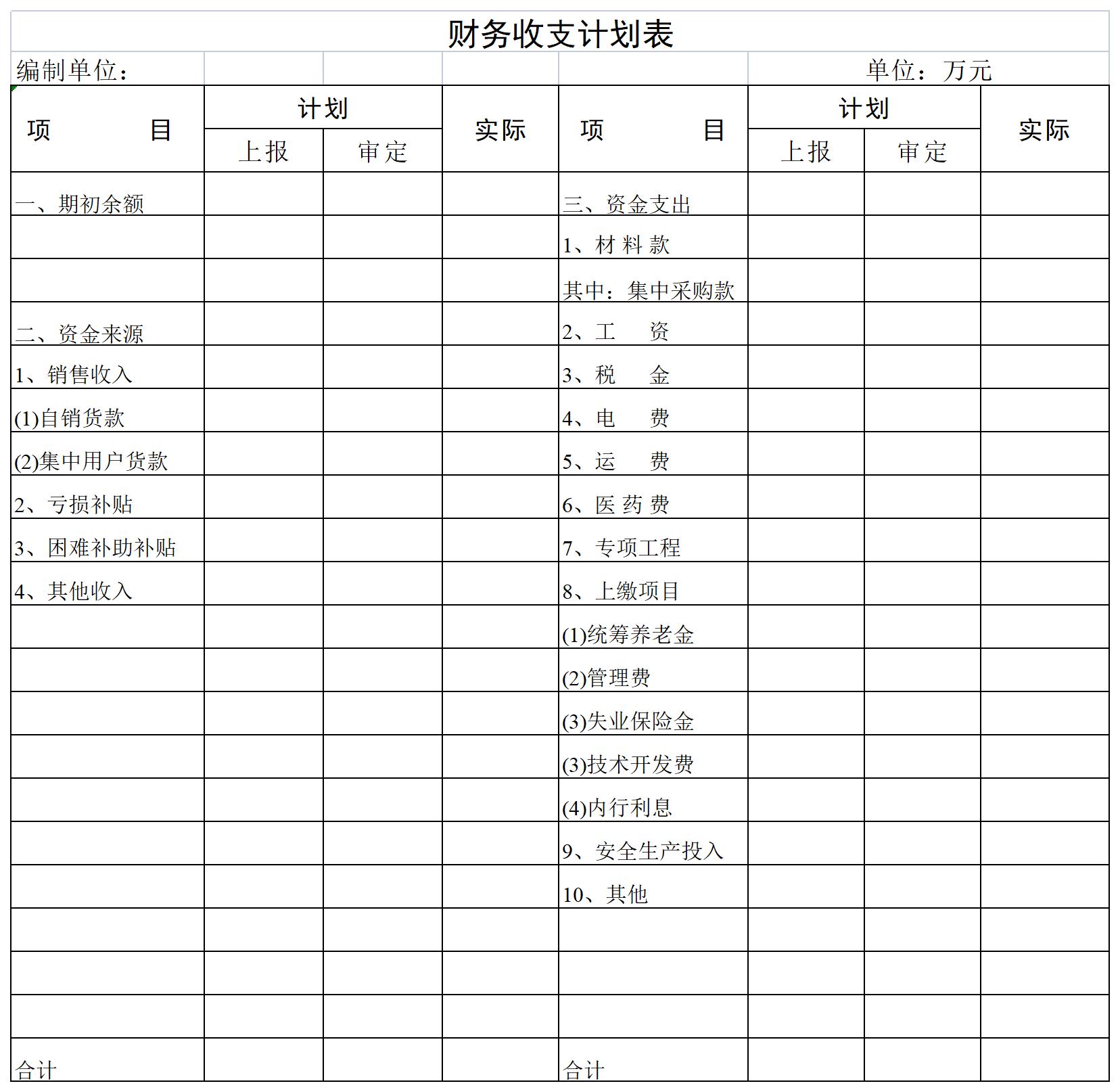 财务收支计划表excel模板