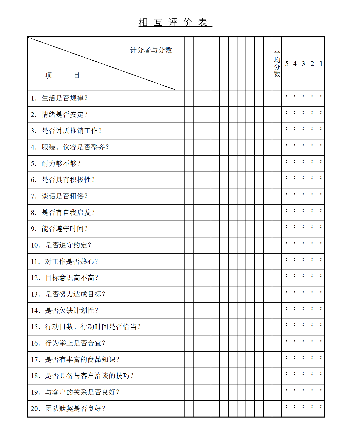企业职工相互评价表word模板