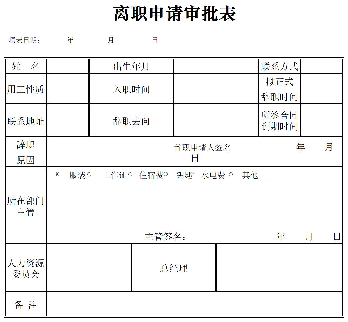 辞职申请审批表excel模板