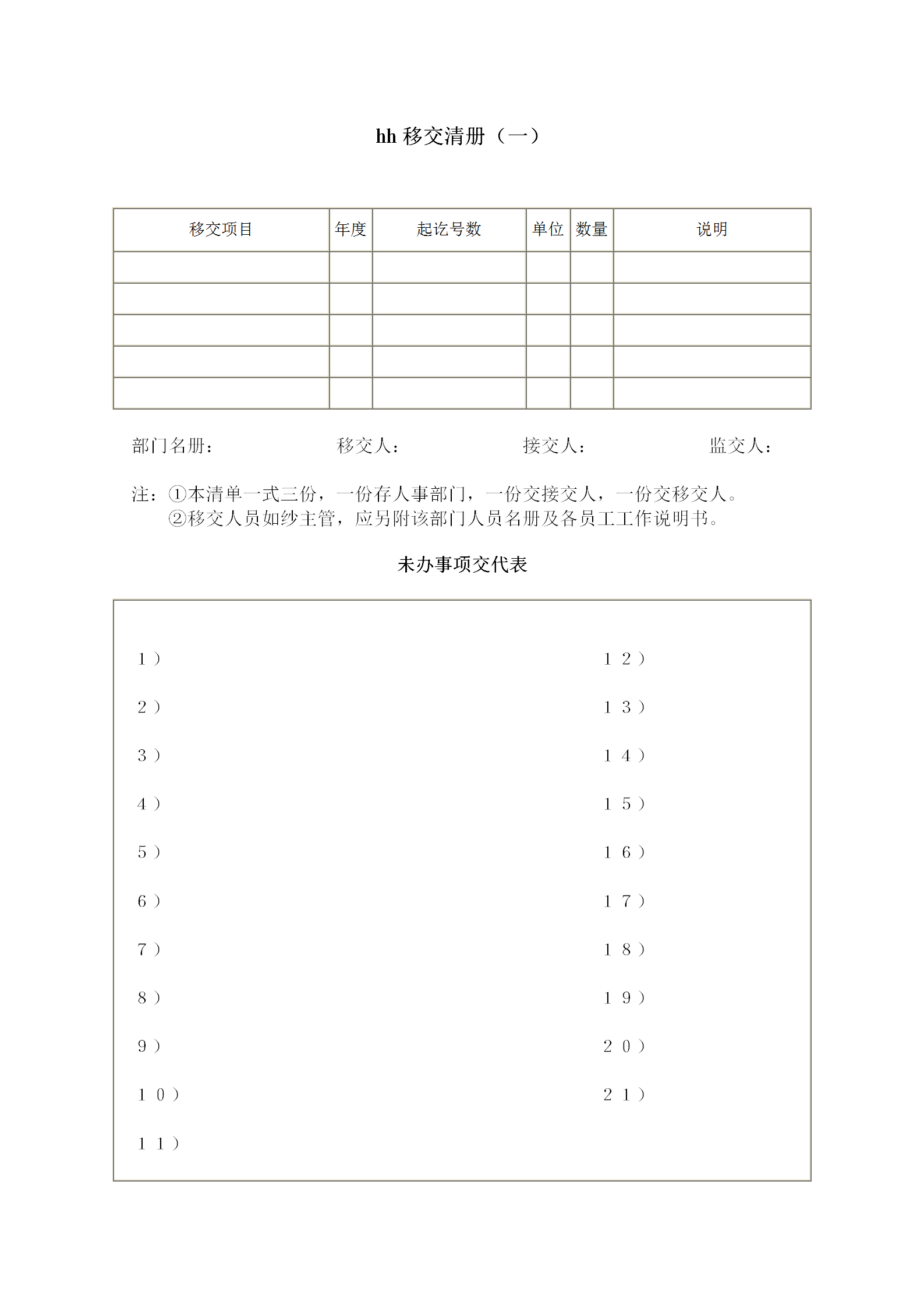 企业员工移交清册（一）word模板
