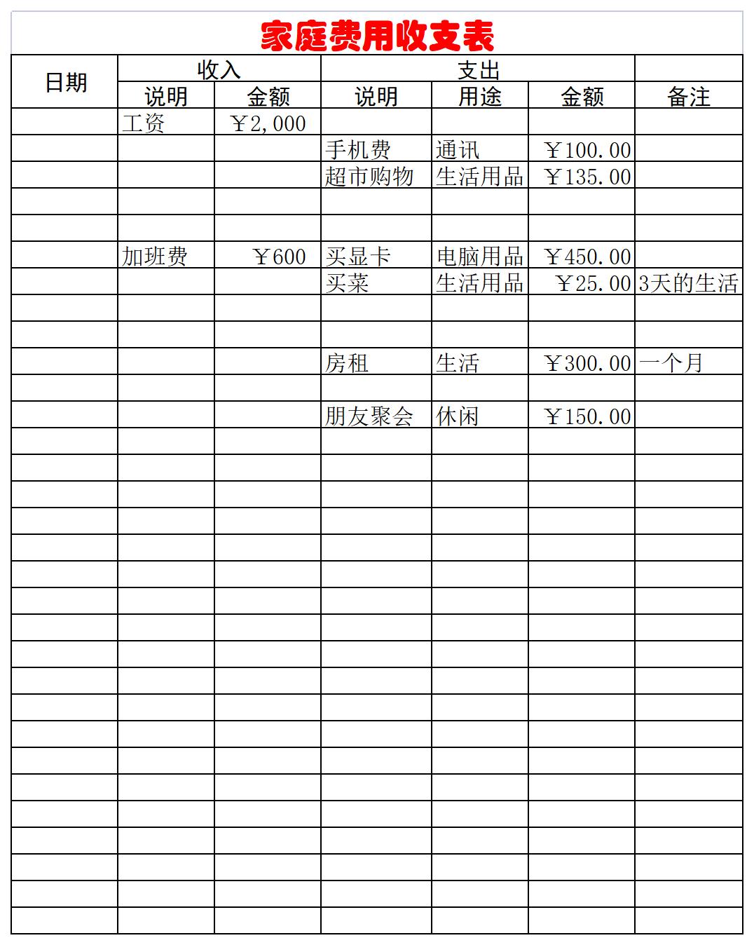 家庭费用收支表excel模板