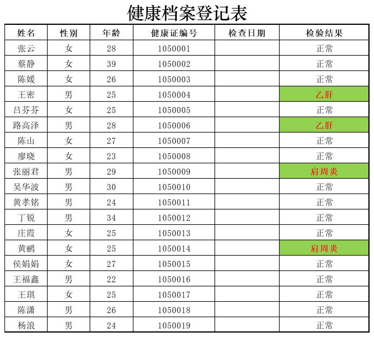 健康档案登记表excel模板