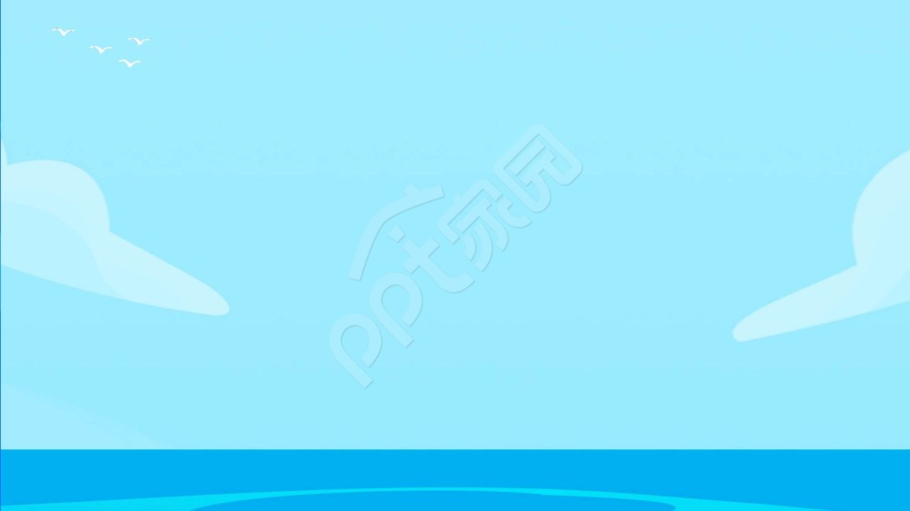 卡通手绘防溺水主题班会椰树海边男孩女孩游泳ppt背景图片