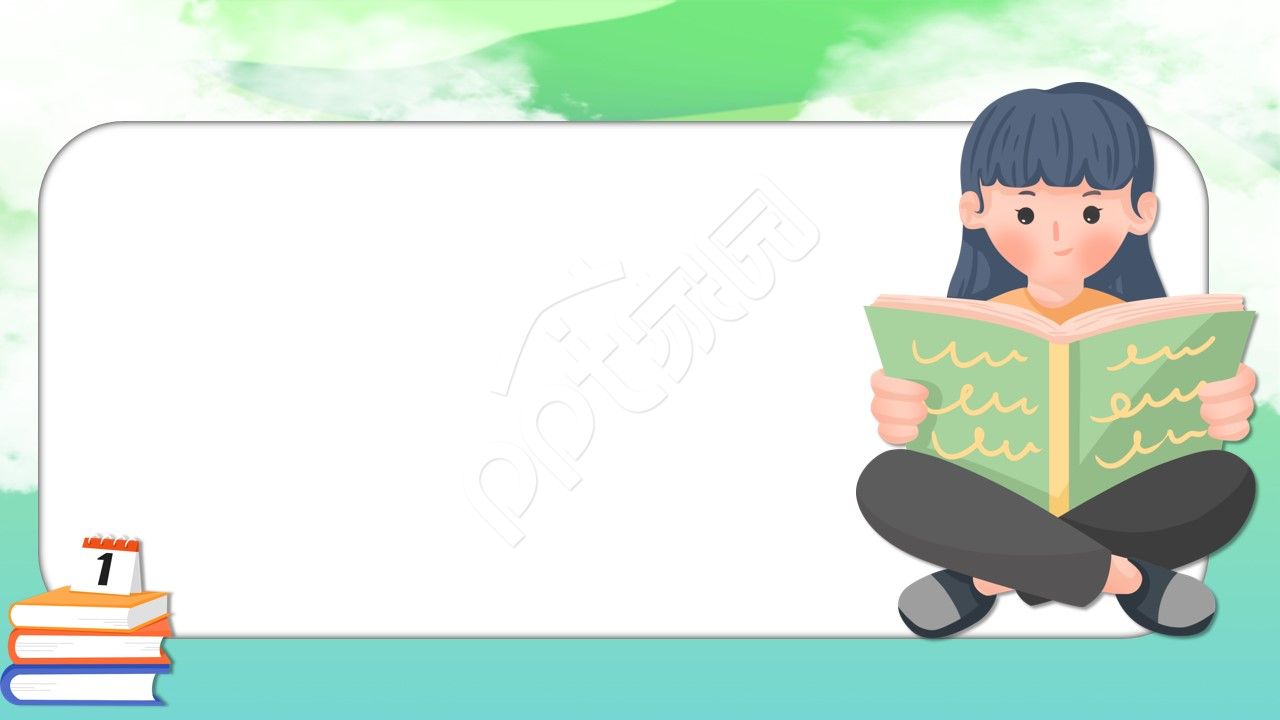 绿色卡通手绘小女孩读书分享主题班会教学课件ppt背景图片