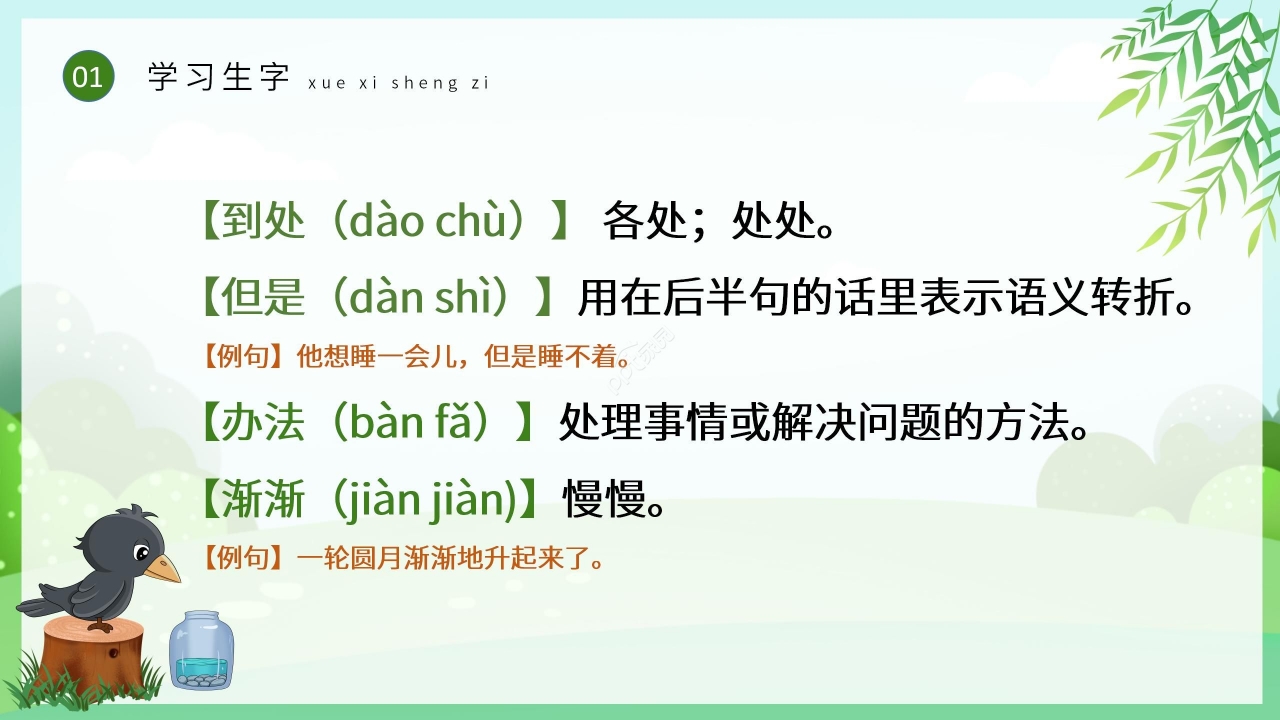 卡通手绘绿色乌鸦喝水语文教学PPT课件