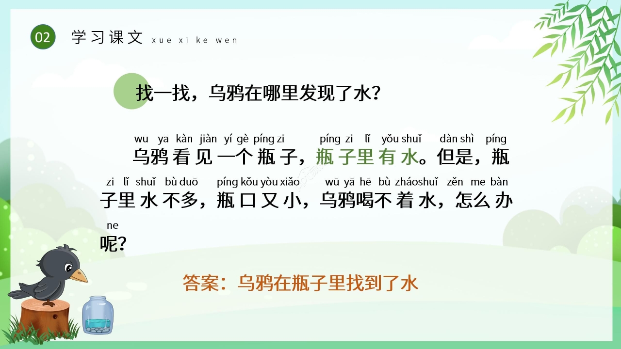 卡通手绘绿色乌鸦喝水语文教学PPT课件