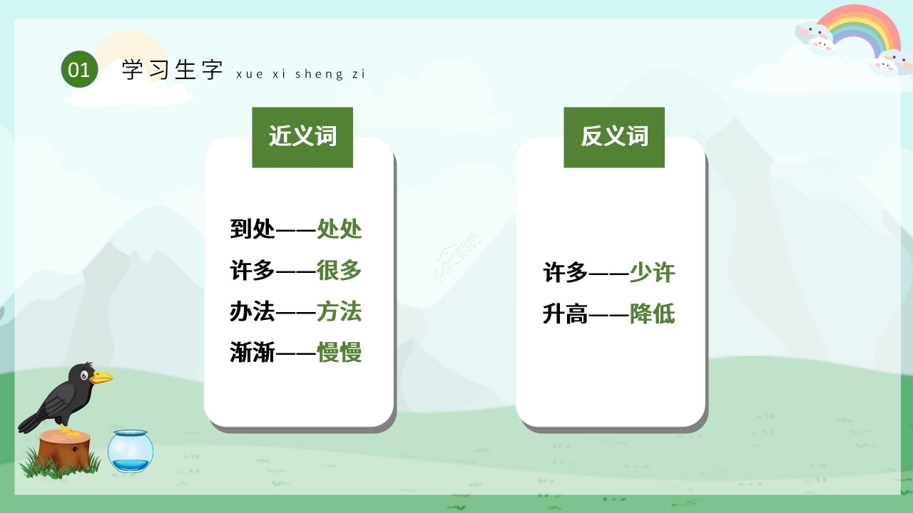 手绘卡通淡雅乌鸦喝水语文教学PPT课件