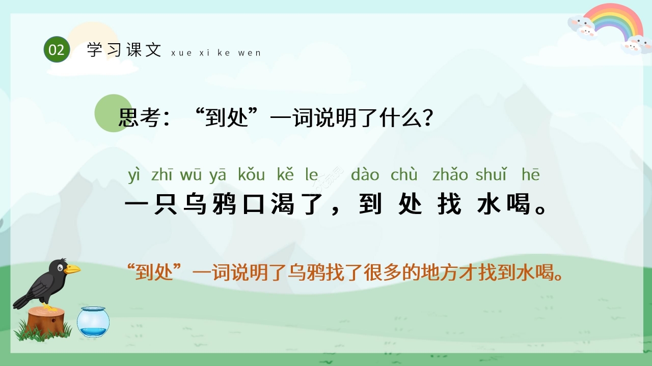 手绘卡通淡雅乌鸦喝水语文教学PPT课件