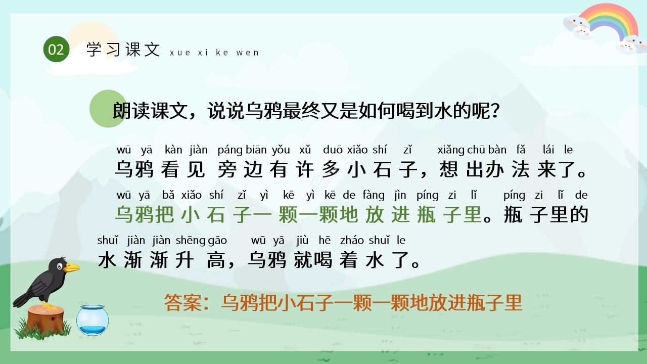 手绘卡通淡雅乌鸦喝水语文教学PPT课件