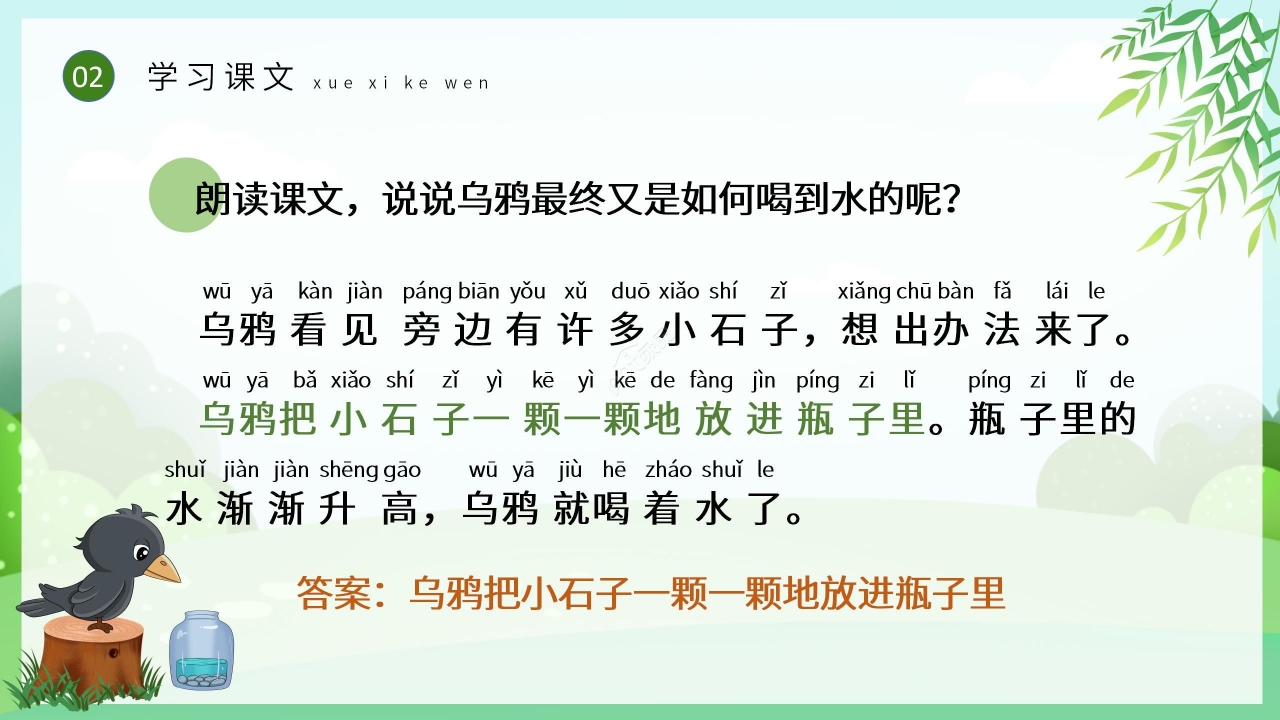 卡通手绘绿色乌鸦喝水语文教学PPT课件