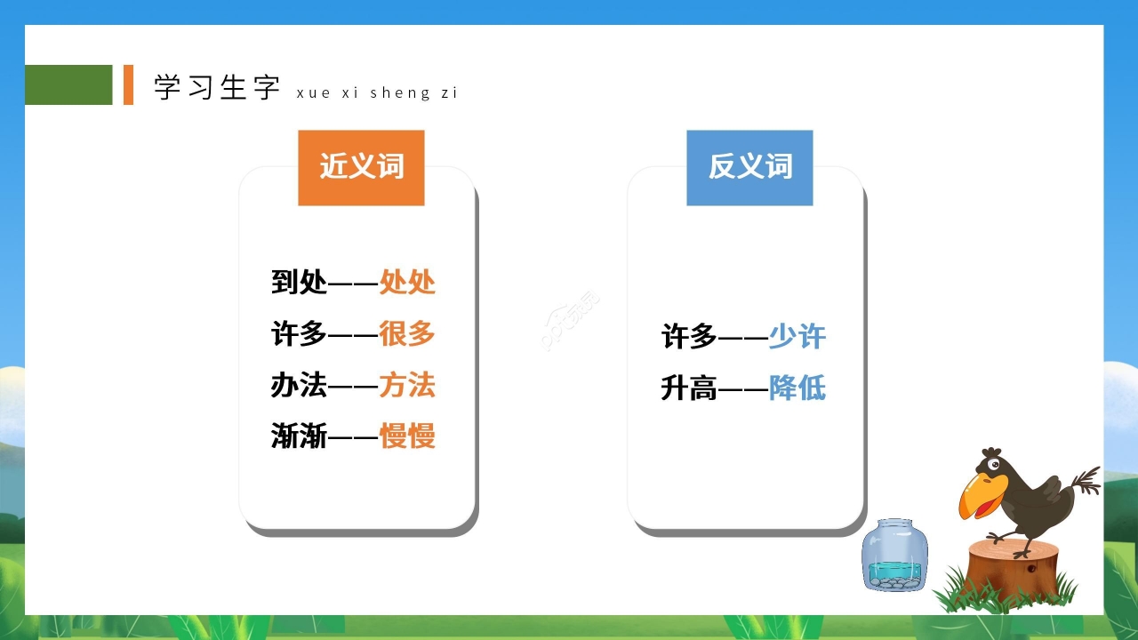 蓝色卡通可爱乌鸦喝水语文教学PPT课件