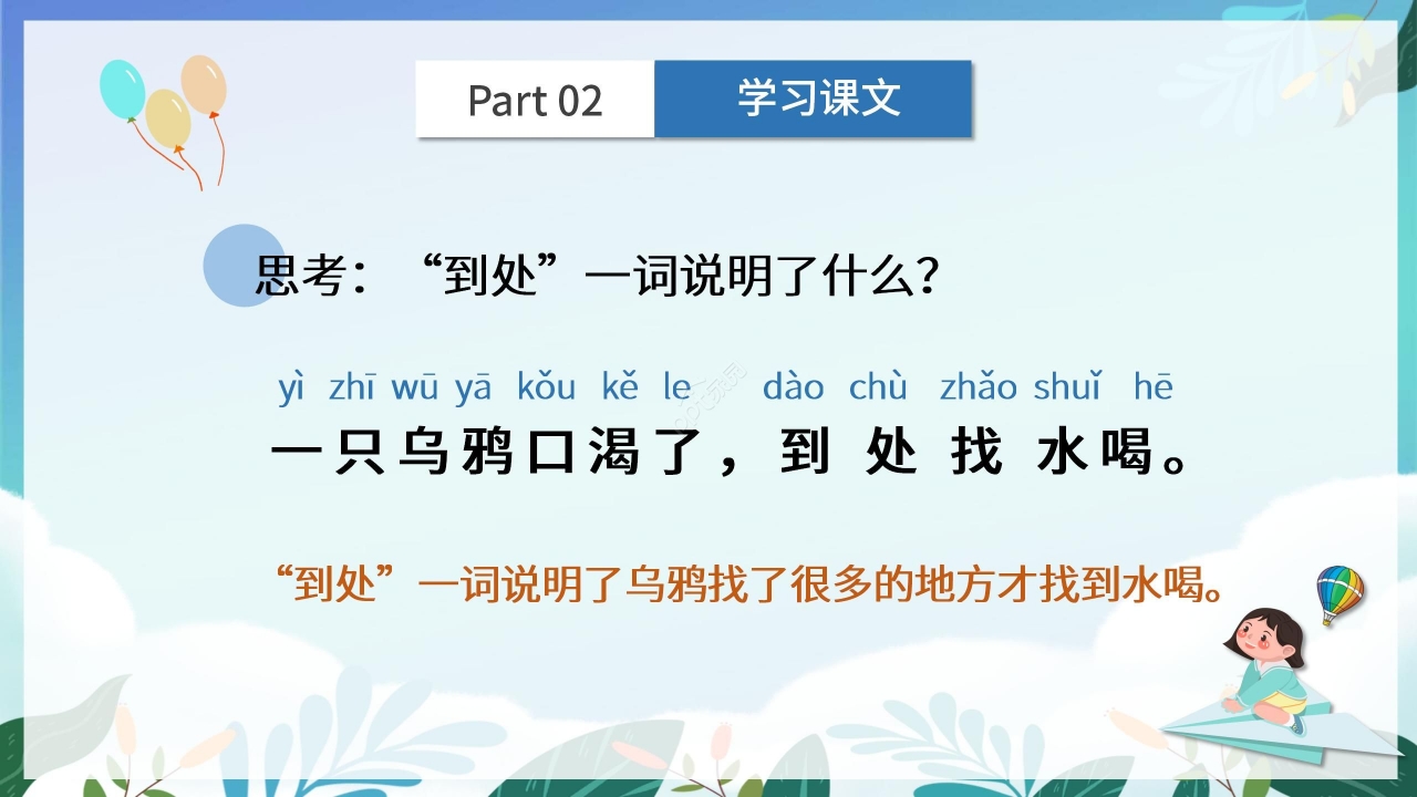 蓝色淡雅语文教学乌鸦喝水PPT课件