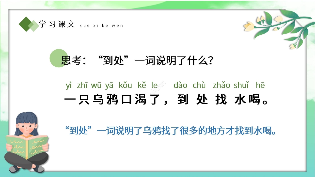 绿色手绘卡通语文教学乌鸦喝水PPT课件