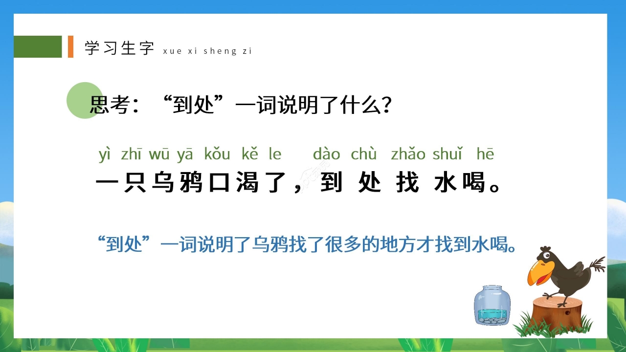 蓝色卡通可爱乌鸦喝水语文教学PPT课件