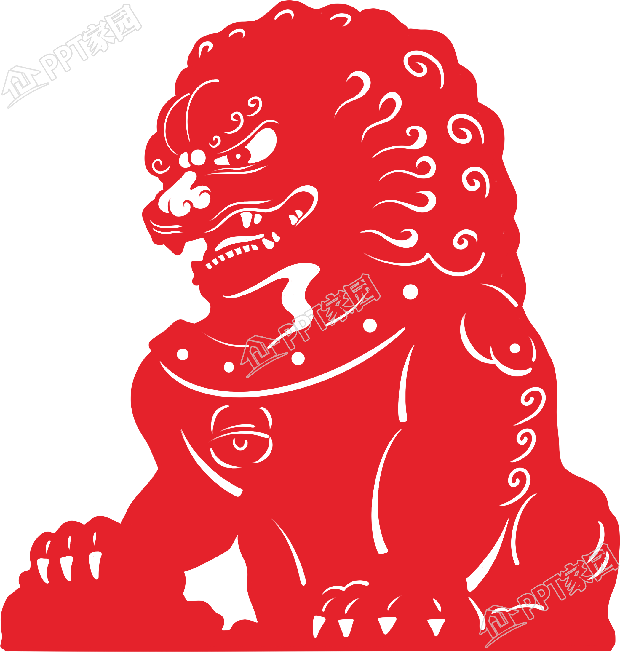 红色剪纸风格石狮子ppt素材元素