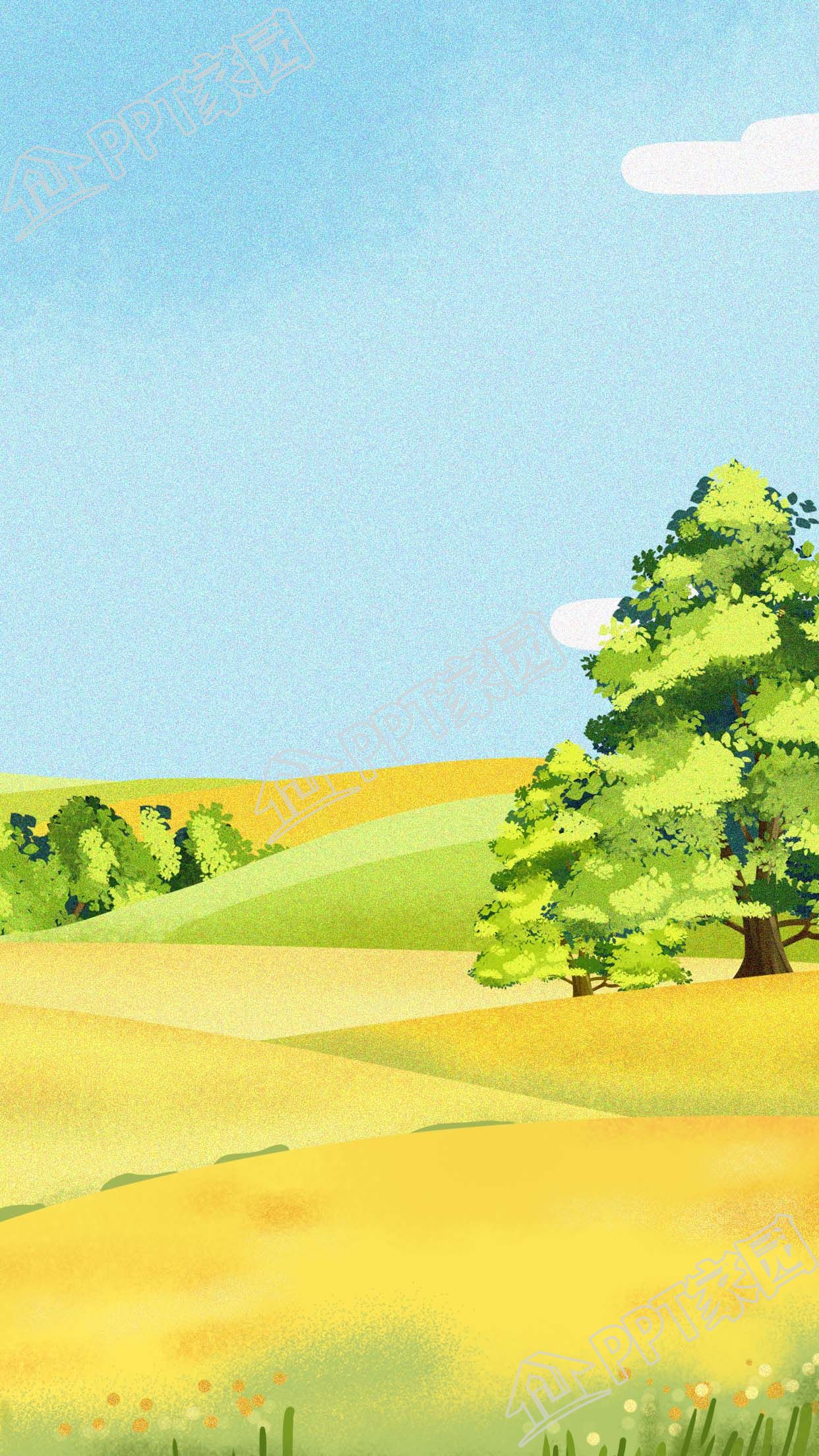 手绘清新春季蓝天草地大树背景图素材