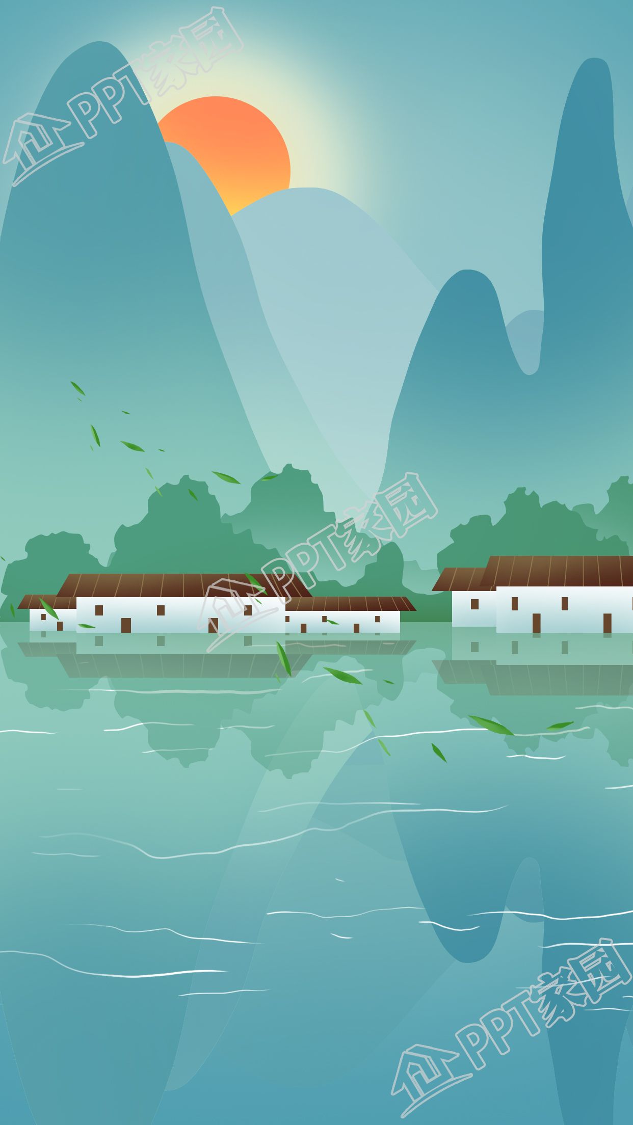 中国古风山水落叶风景背景图片素材