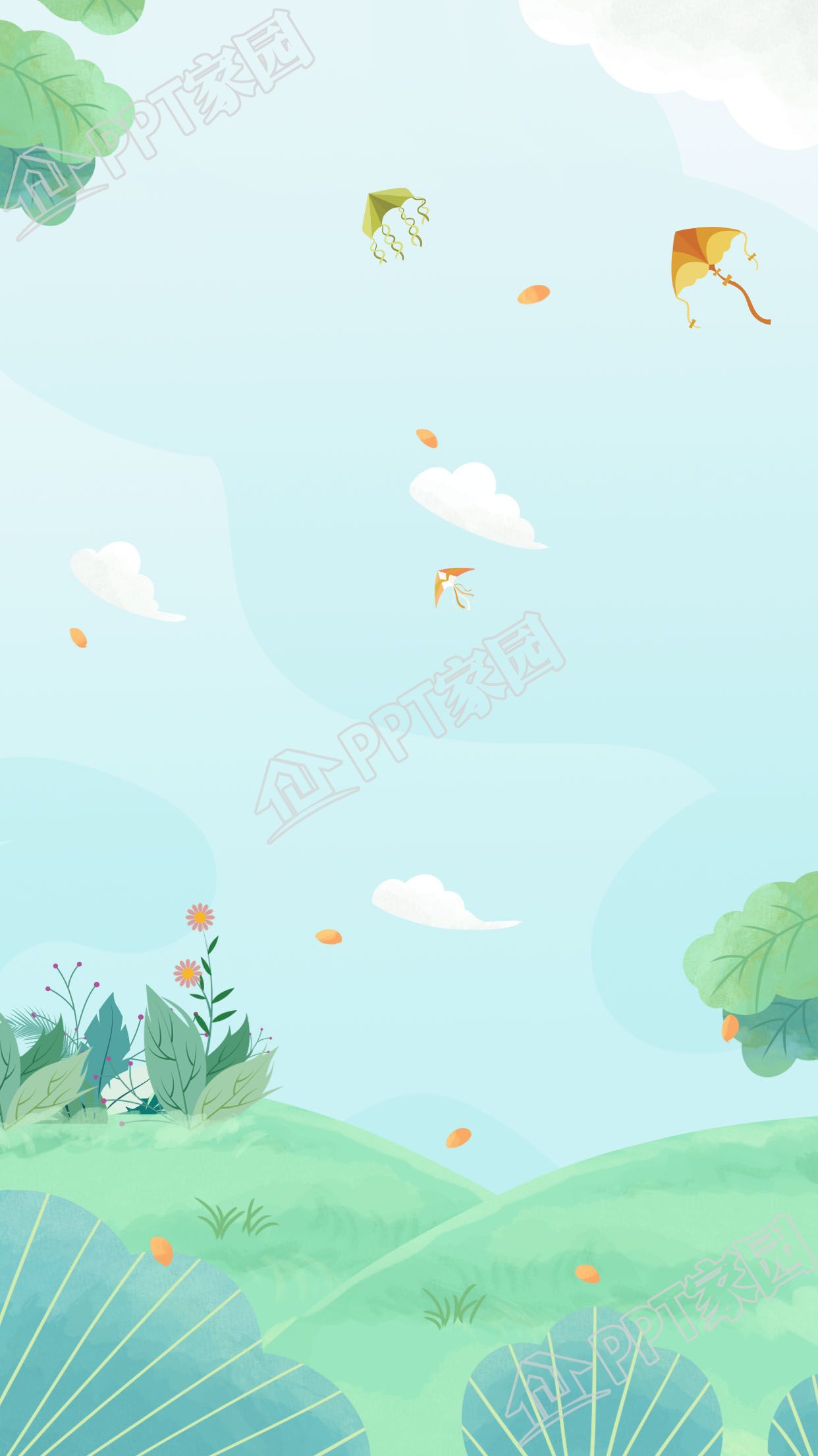 手绘清新春游主题田野田园风筝背景图素材