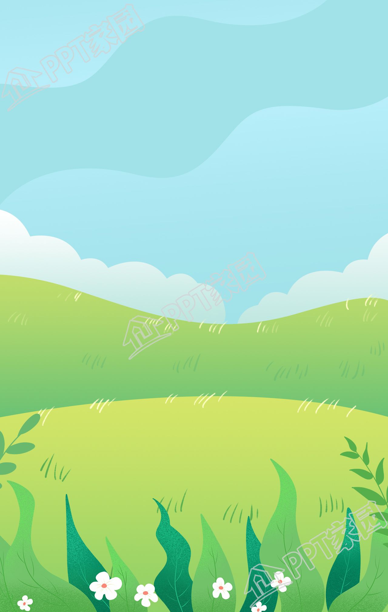 清新简约蓝天白云下的田野山坡草地背景图片素材