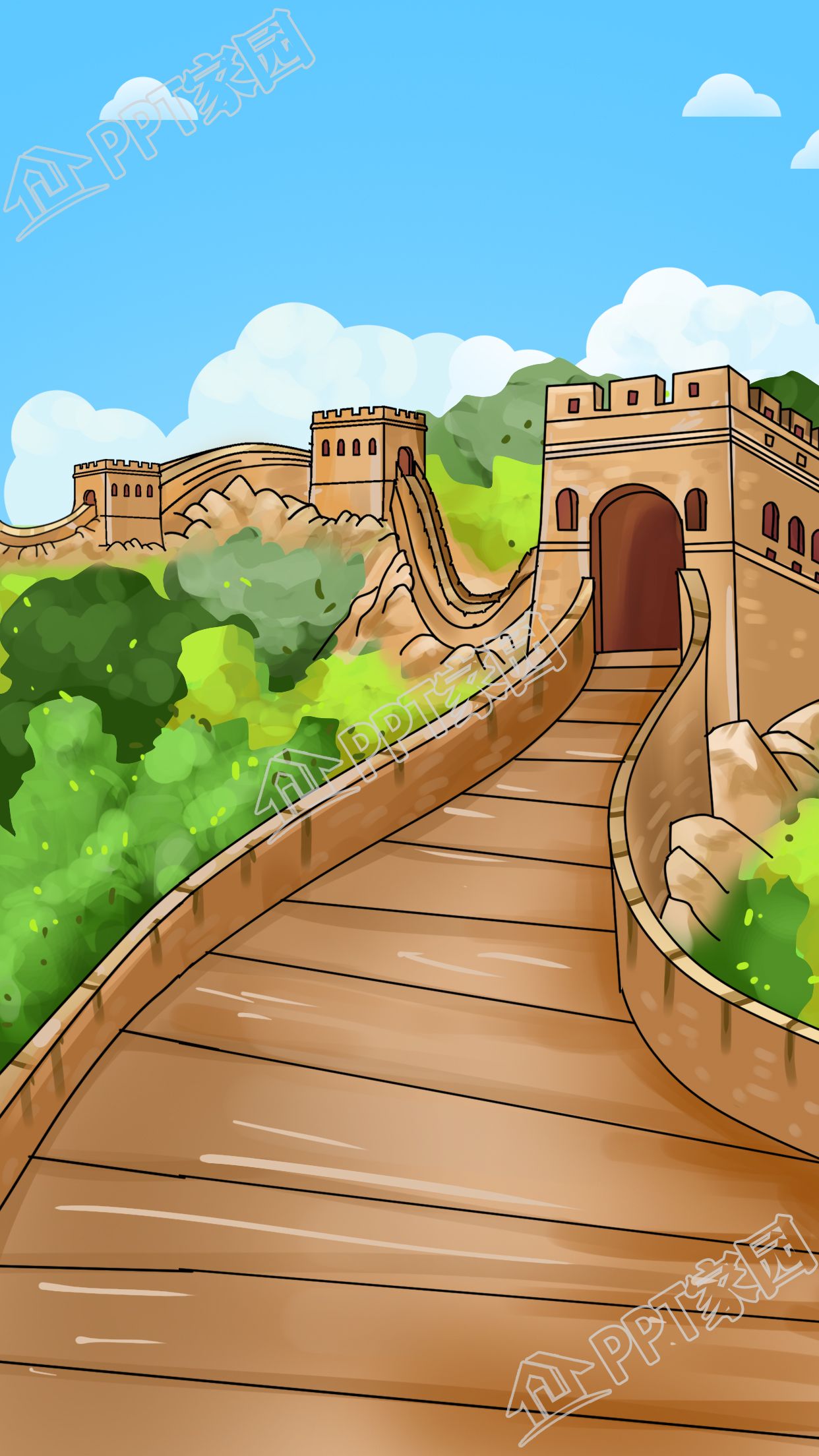 手绘蓝天白云绿植绿树古建筑背景图素材