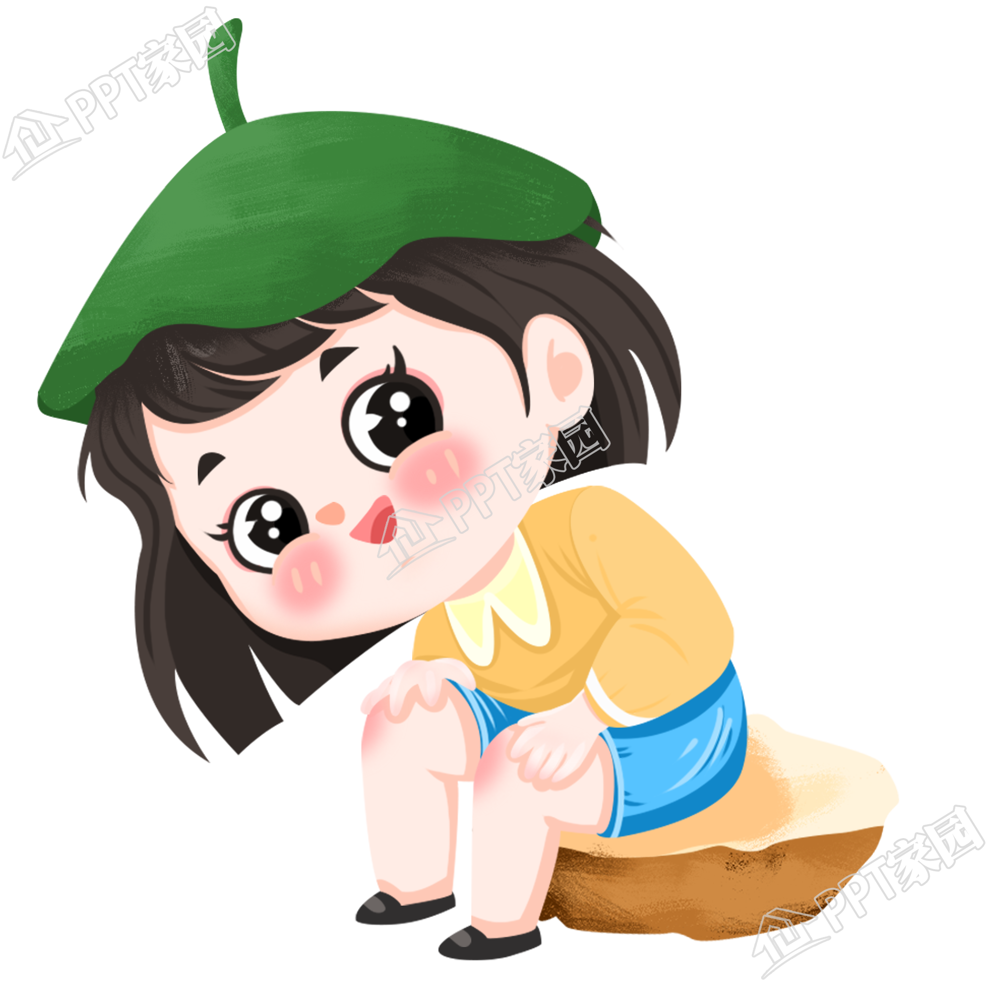 手绘头顶荷叶的小女孩图片素材