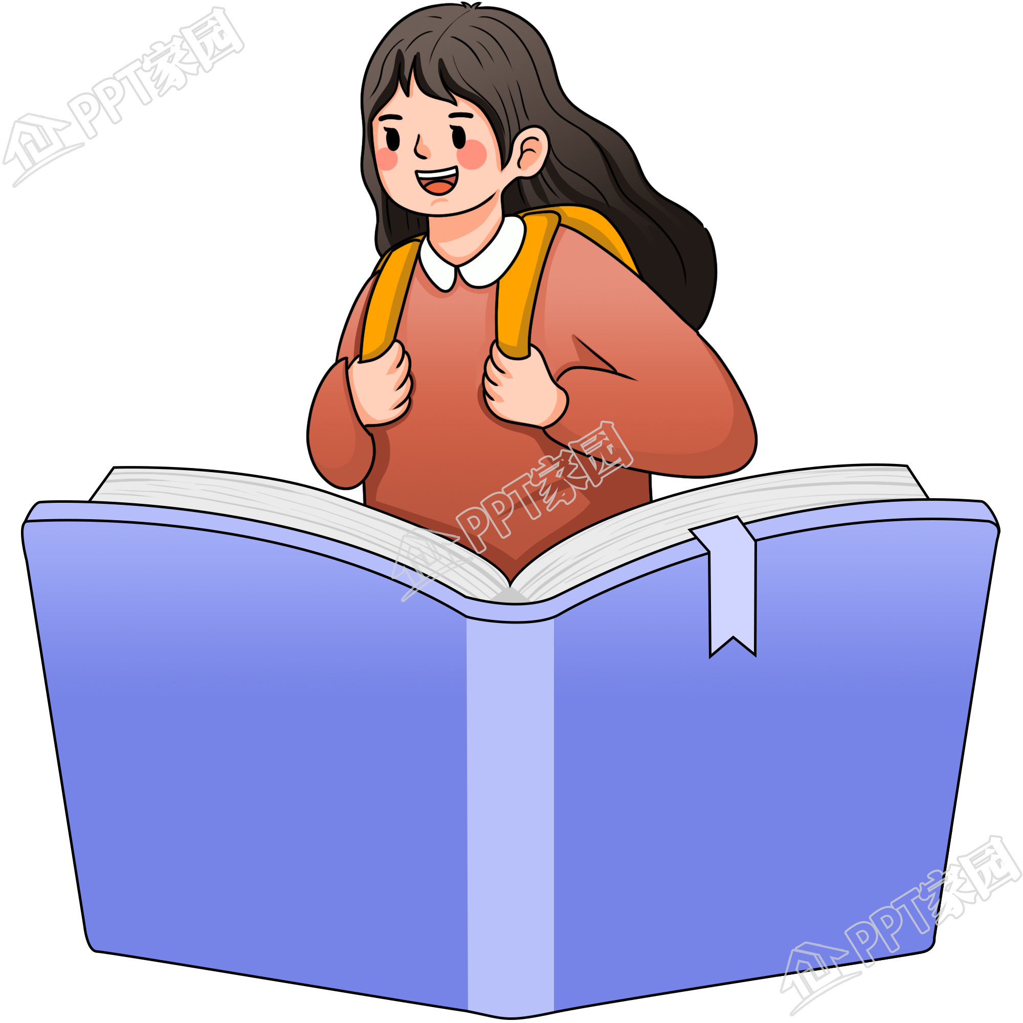 手绘阅读女生人物免抠图片素材