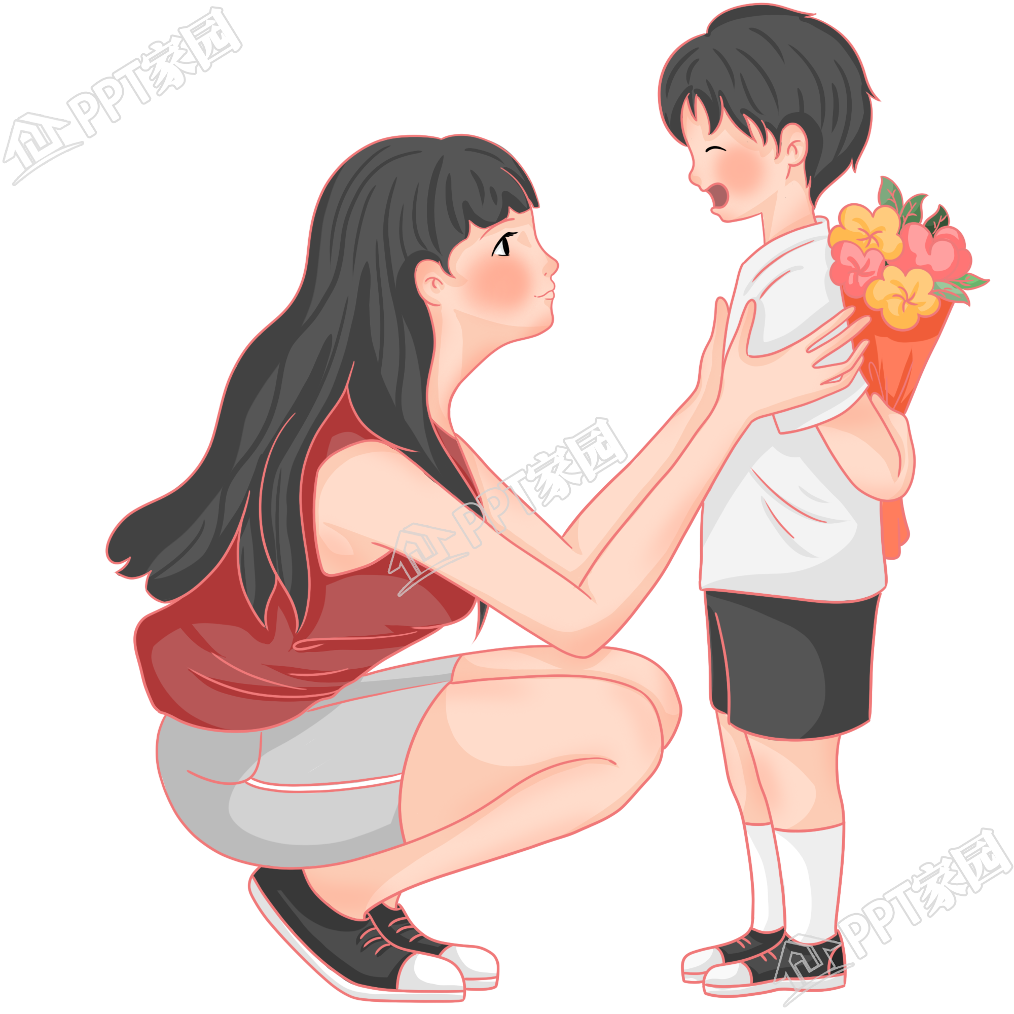 手绘孩子送花给妈妈图片