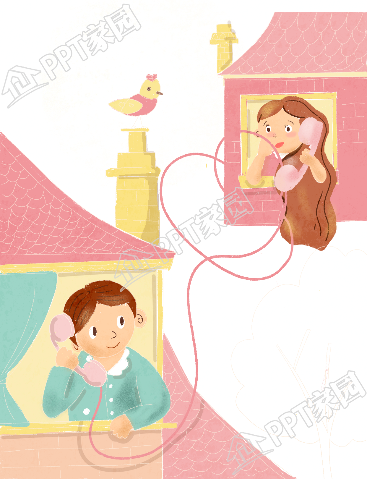粉色系情侣打电话图片卡通手绘免抠素材