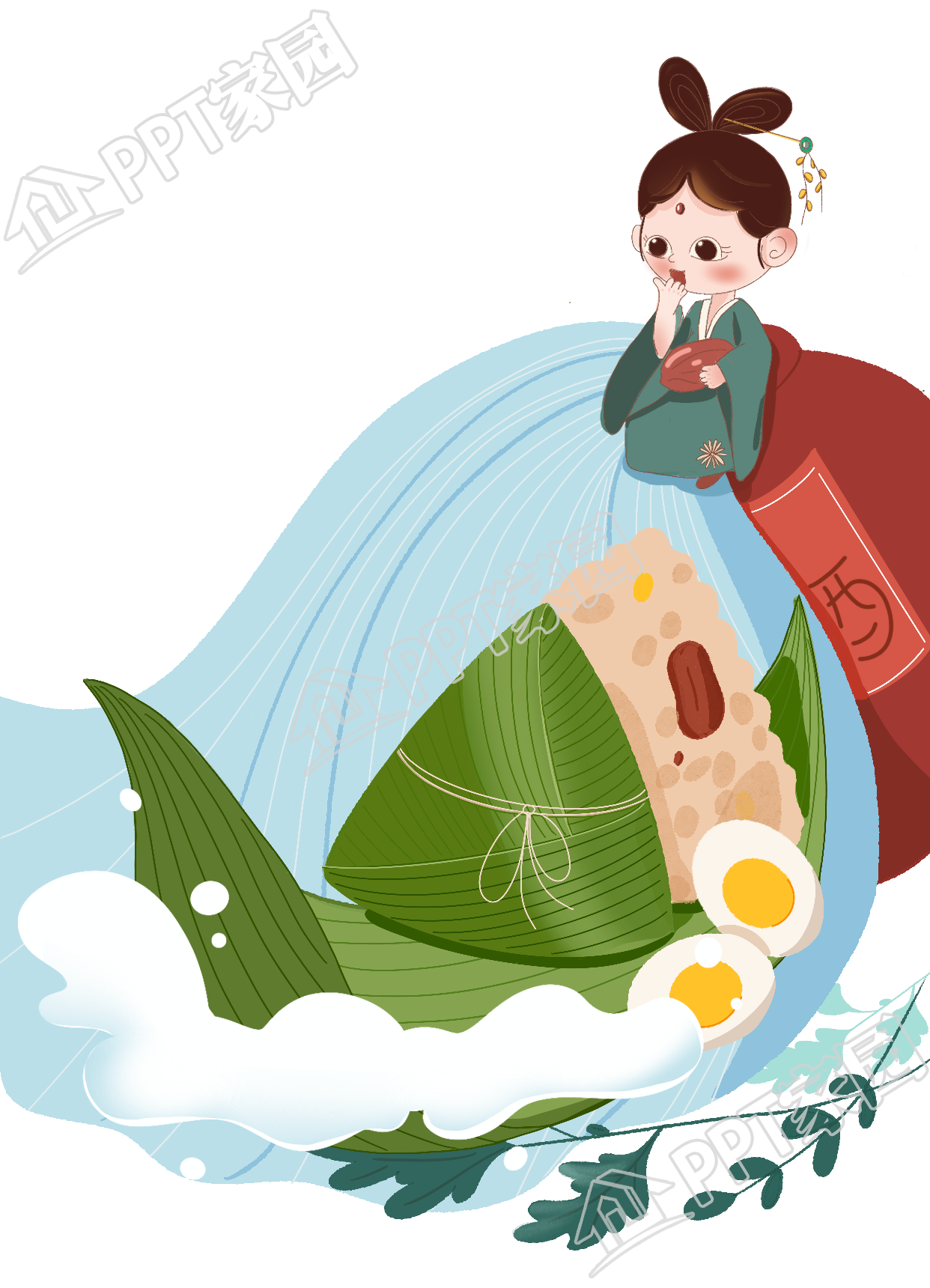 手绘卡通端午节插画古风女孩粽子传统节日元素免扣png素材