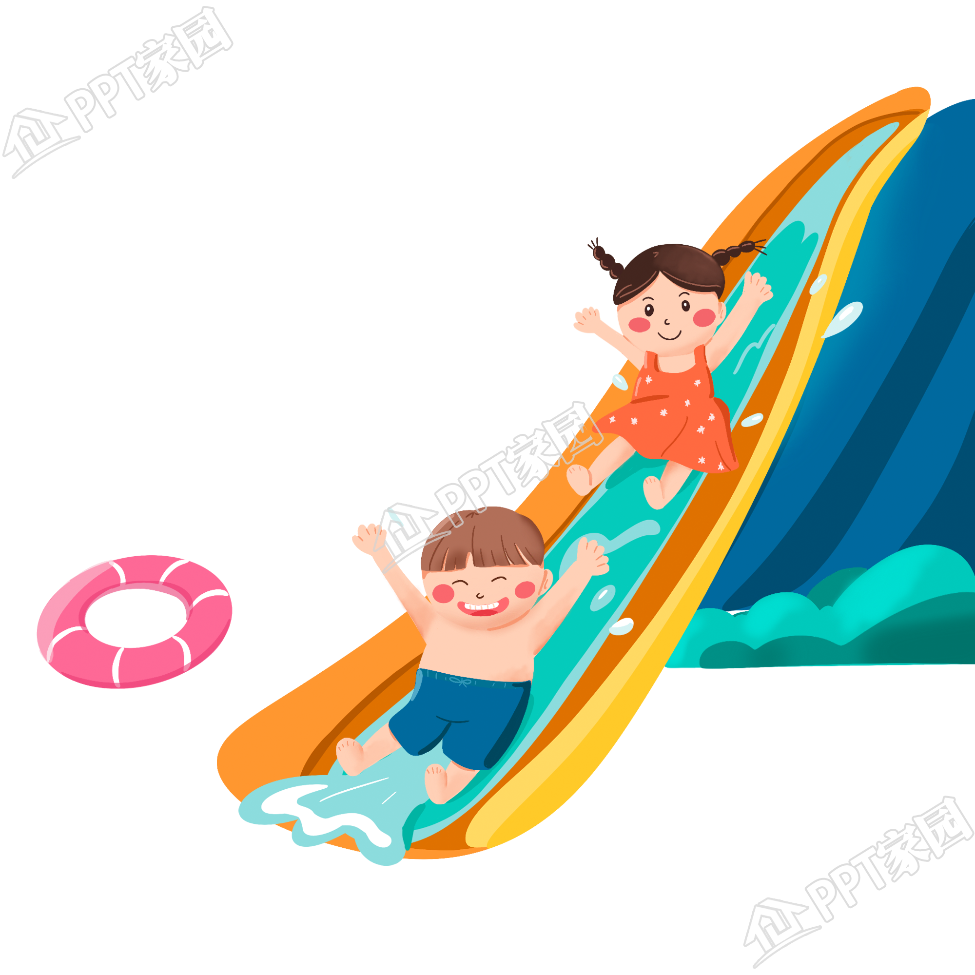 手绘插画卡通滑滑梯的小朋友图片素材