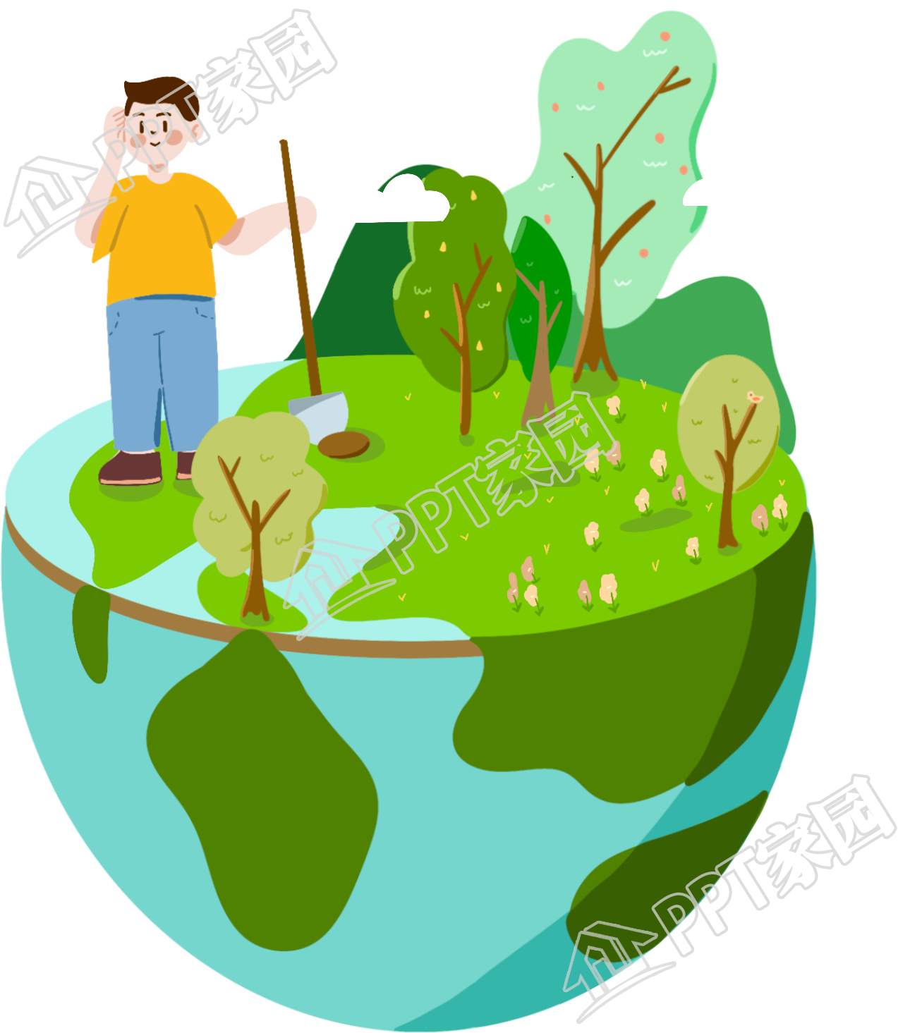 插画手绘绿色地球上的男孩图片素材