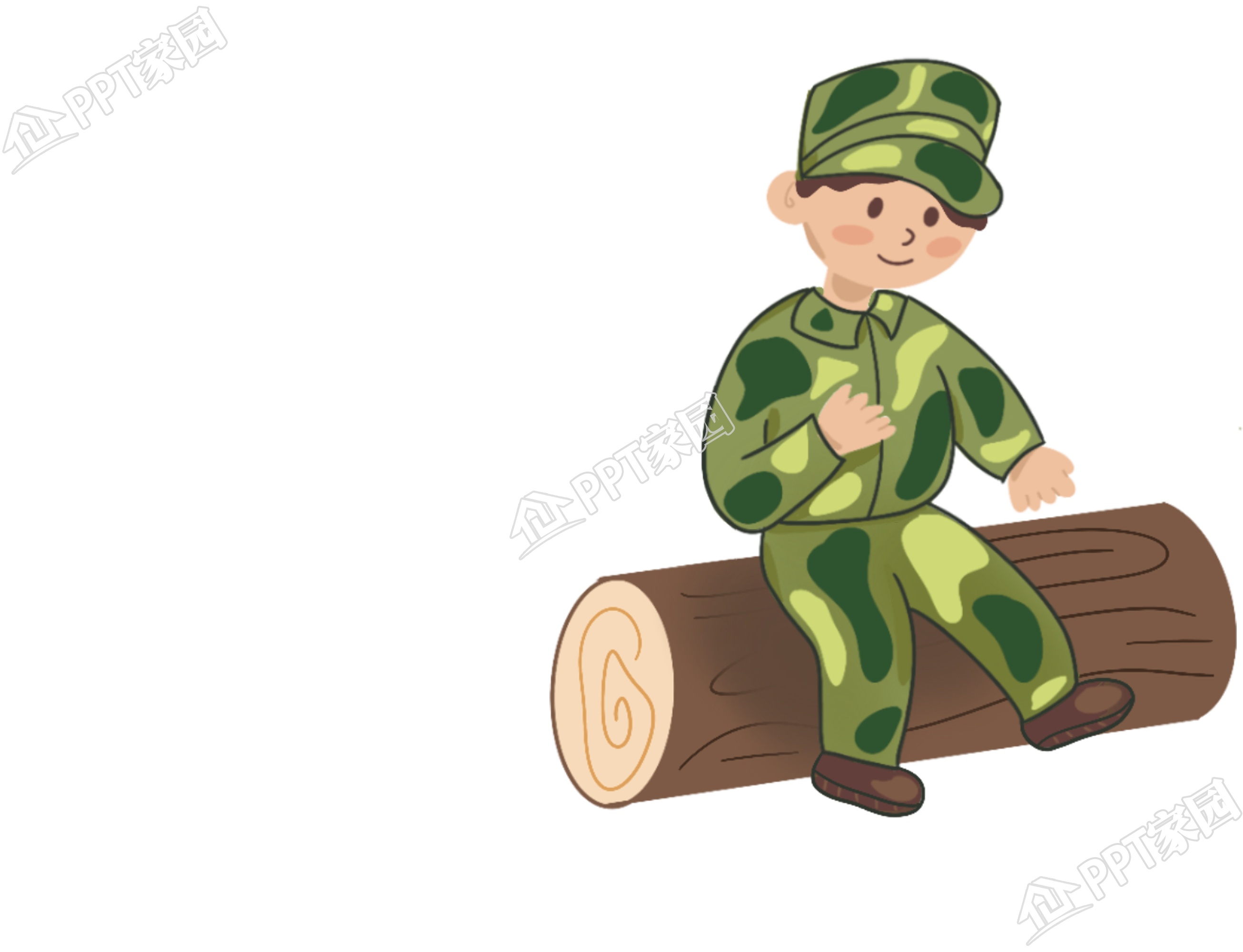 插画手绘穿迷彩服坐木桩的男生图片素材