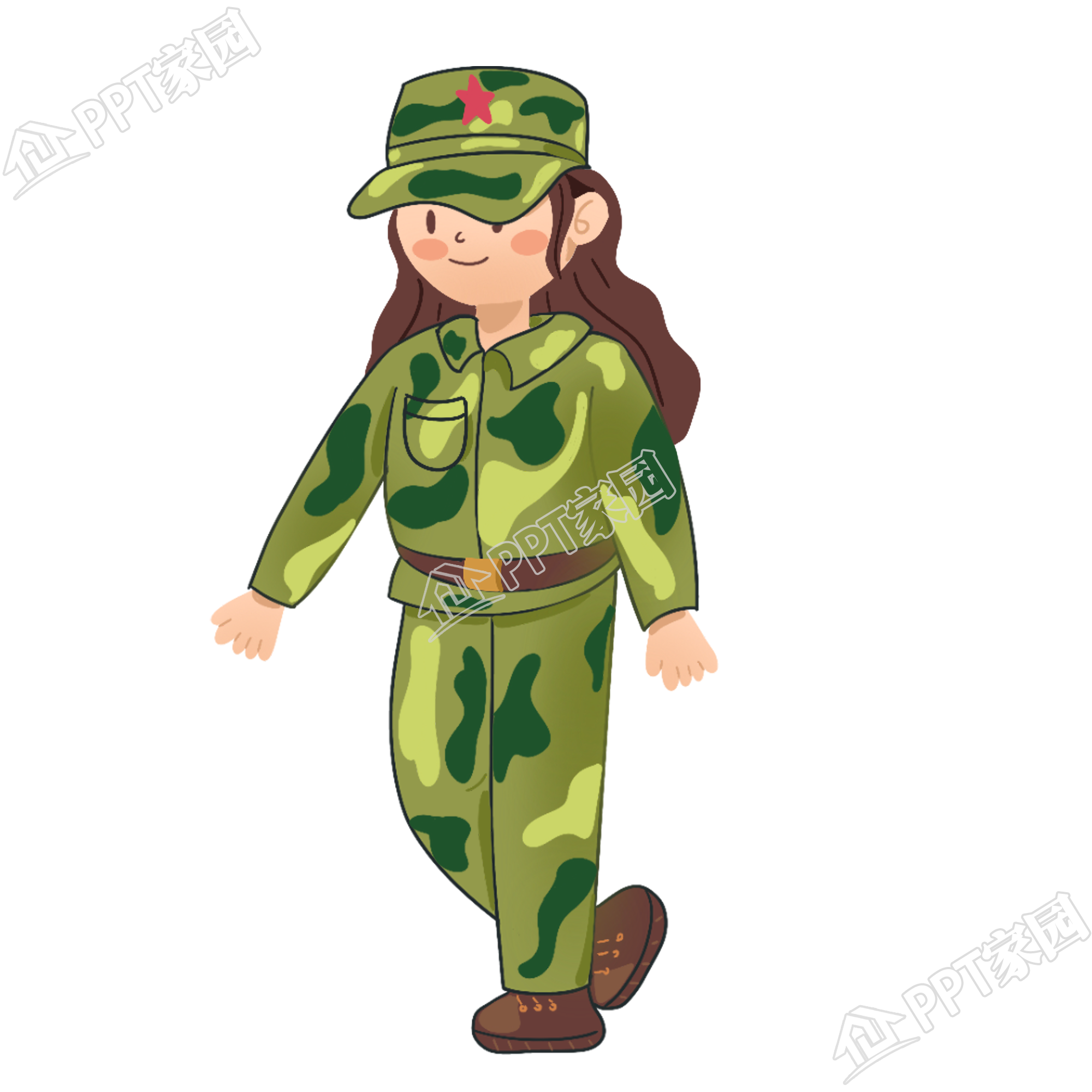 卡通插画穿迷彩服军训女生透明底图片素材