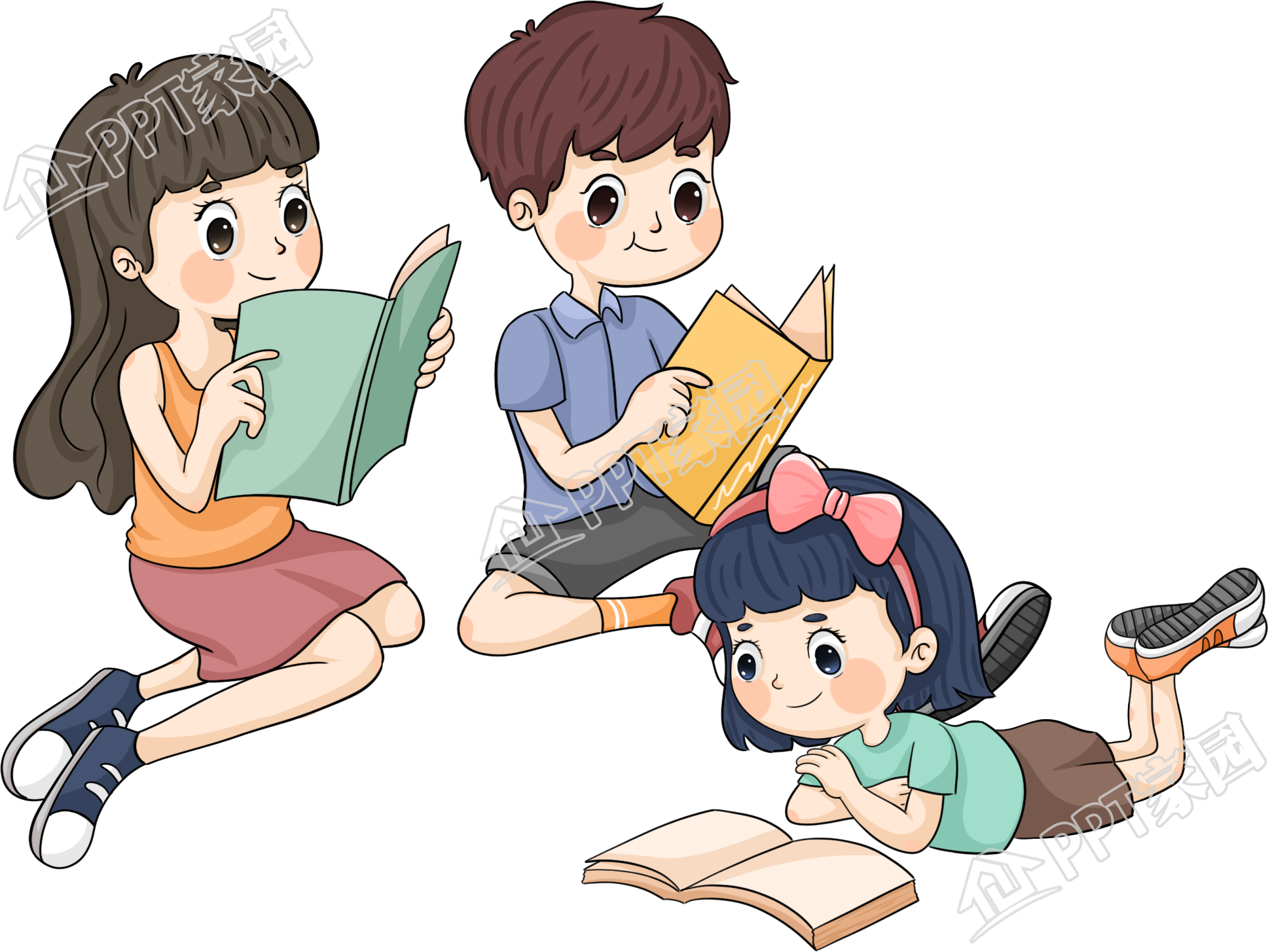 卡通手绘男孩女孩人物读书学习休闲娱乐活动免抠透明素材