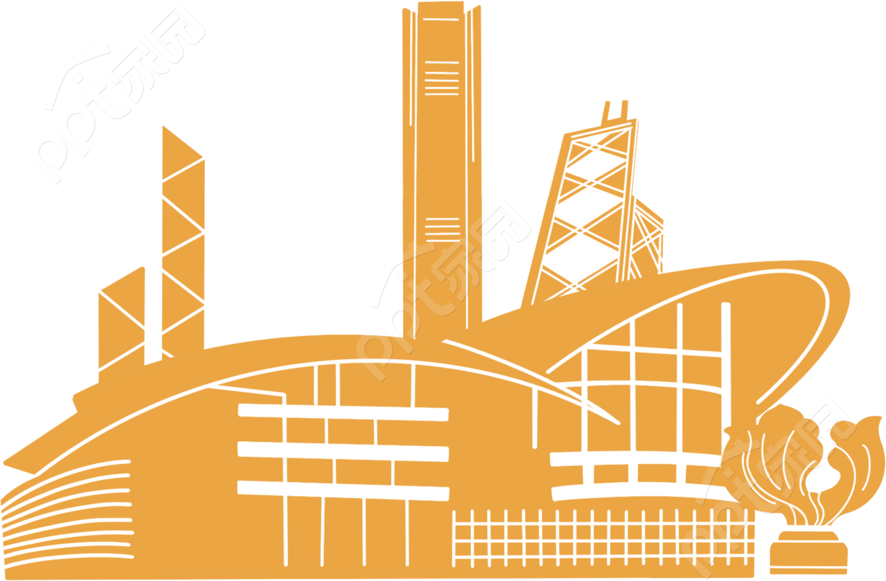 简约手绘香港地标城市建筑活动宣传剪影推广透明底免扣素材
