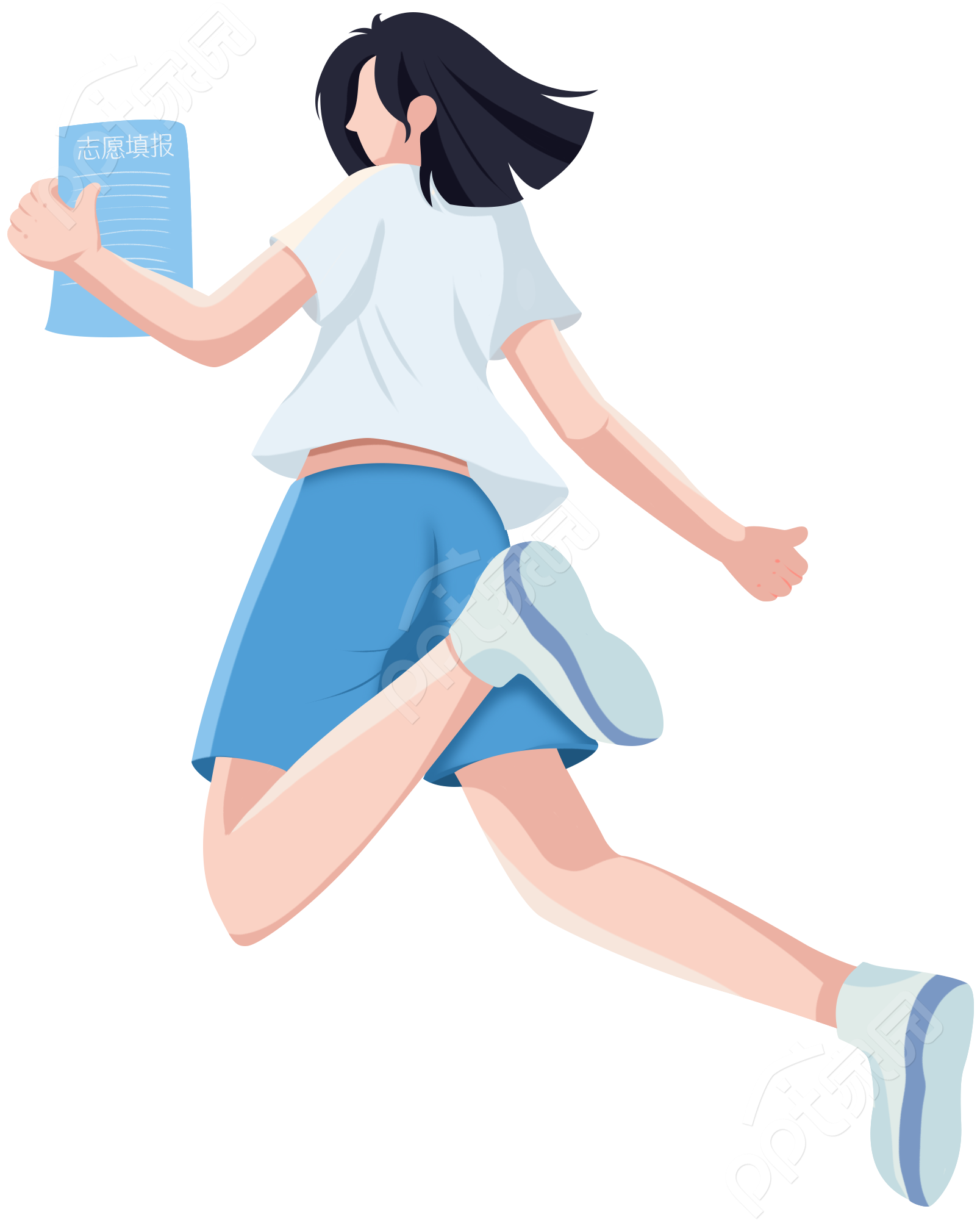 卡通手绘女生人物手捧教育学校报名填报志愿报开心跳跃透明底免抠图片素材