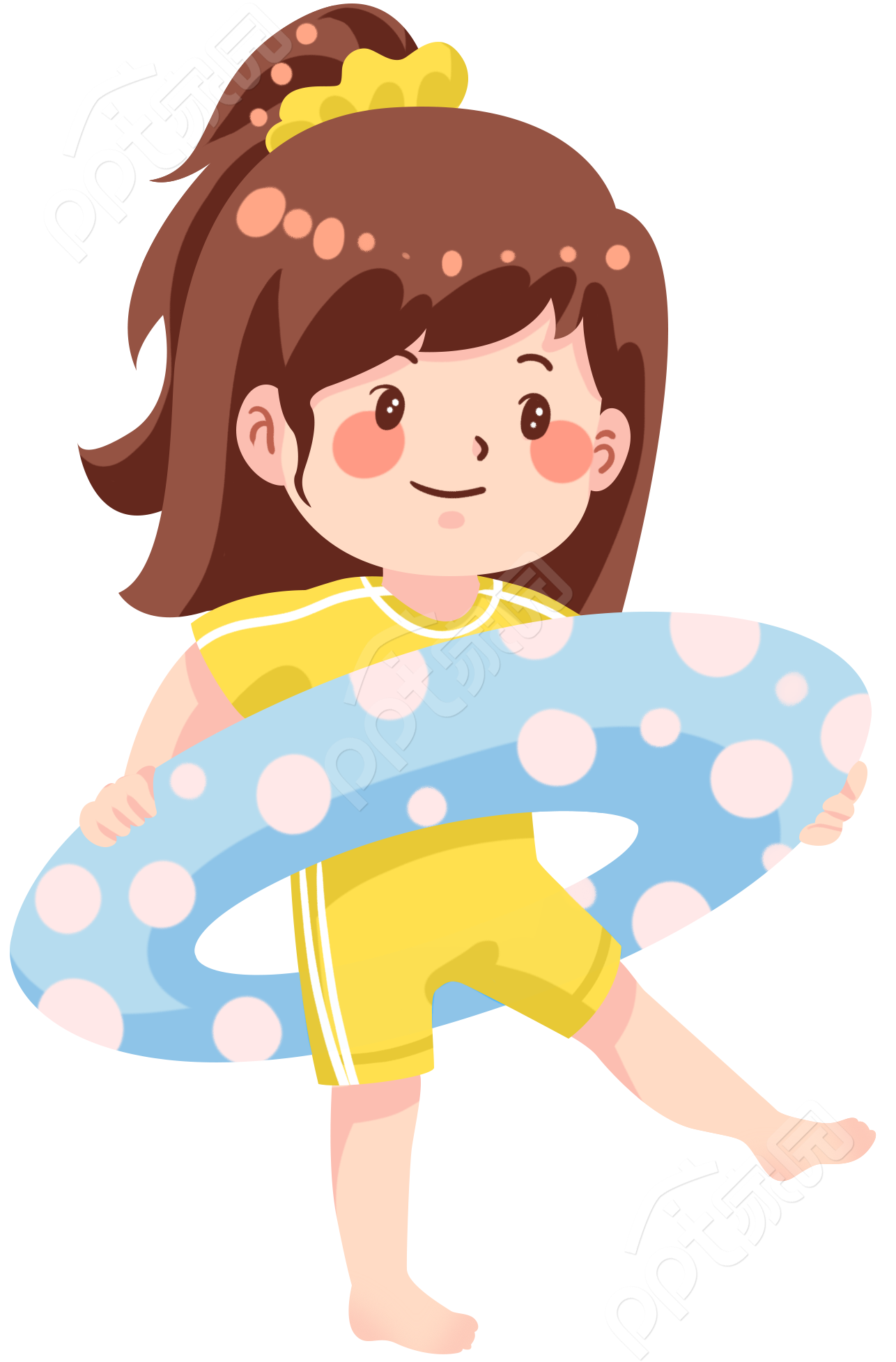 卡通手绘带泳圈的小女孩游泳人物免抠图片素材