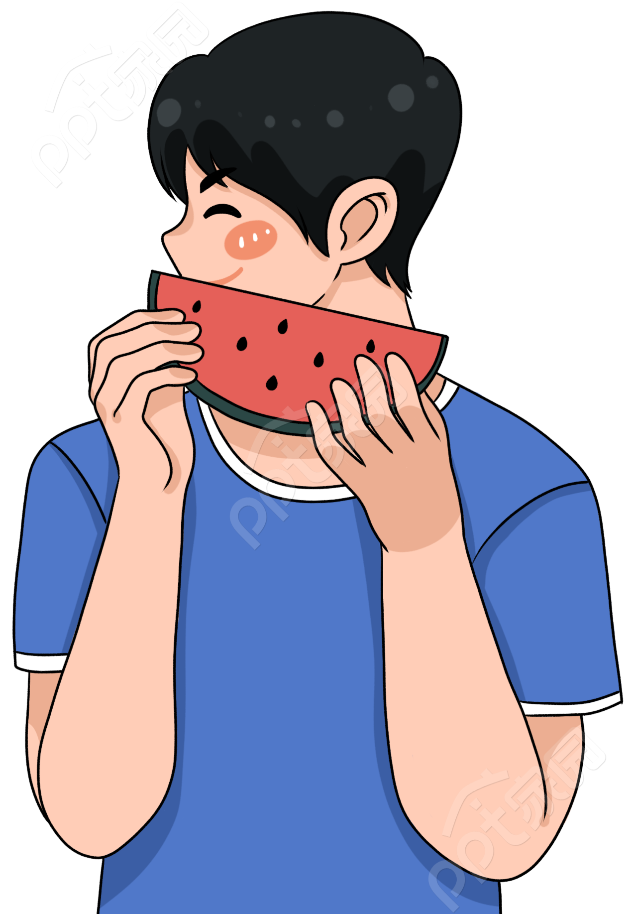 卡通手绘男生人物清凉夏季吃西瓜免抠图片素材