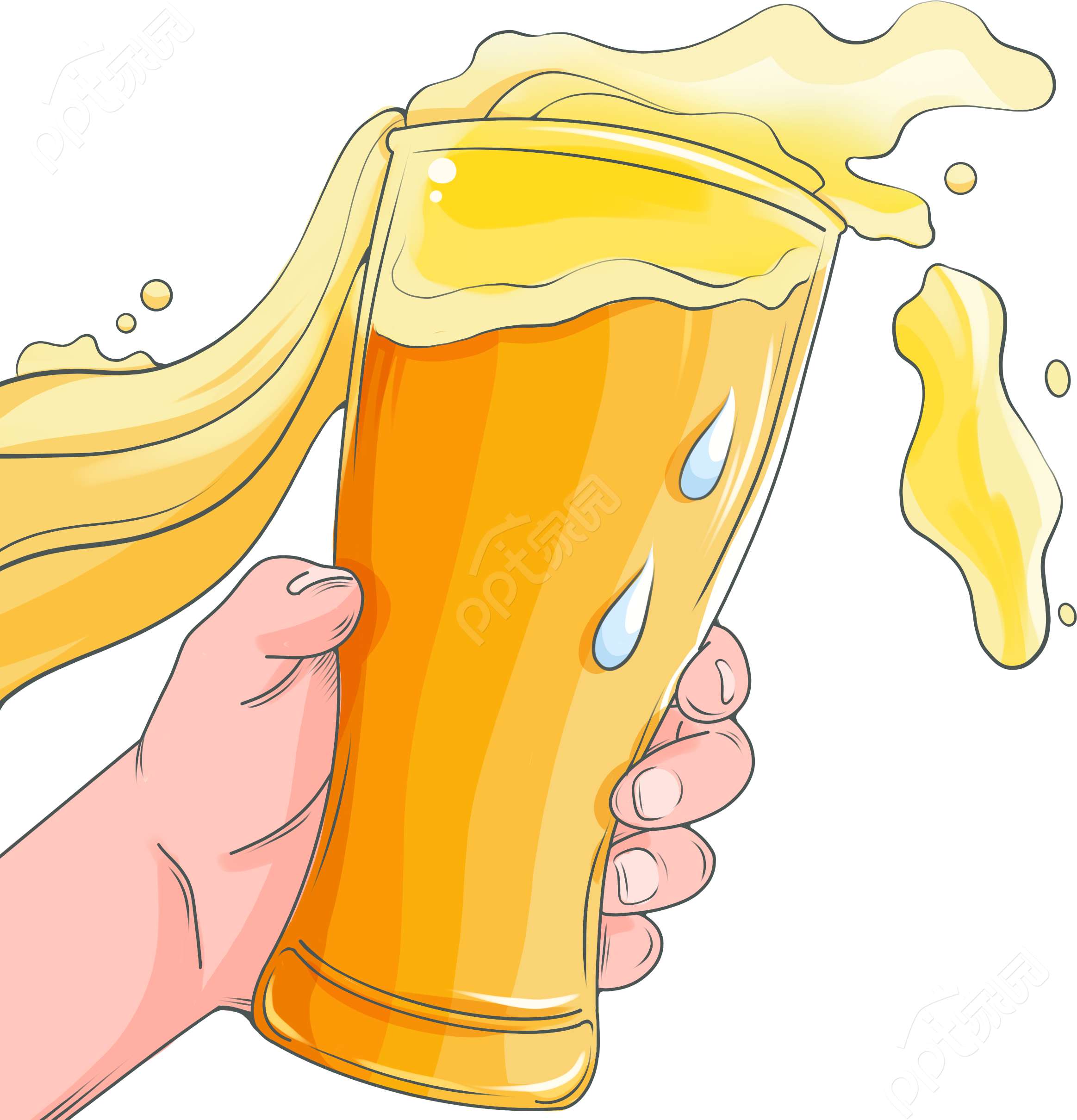 卡通手绘饮品店新品促销手拿酒杯透明底免抠图片素材