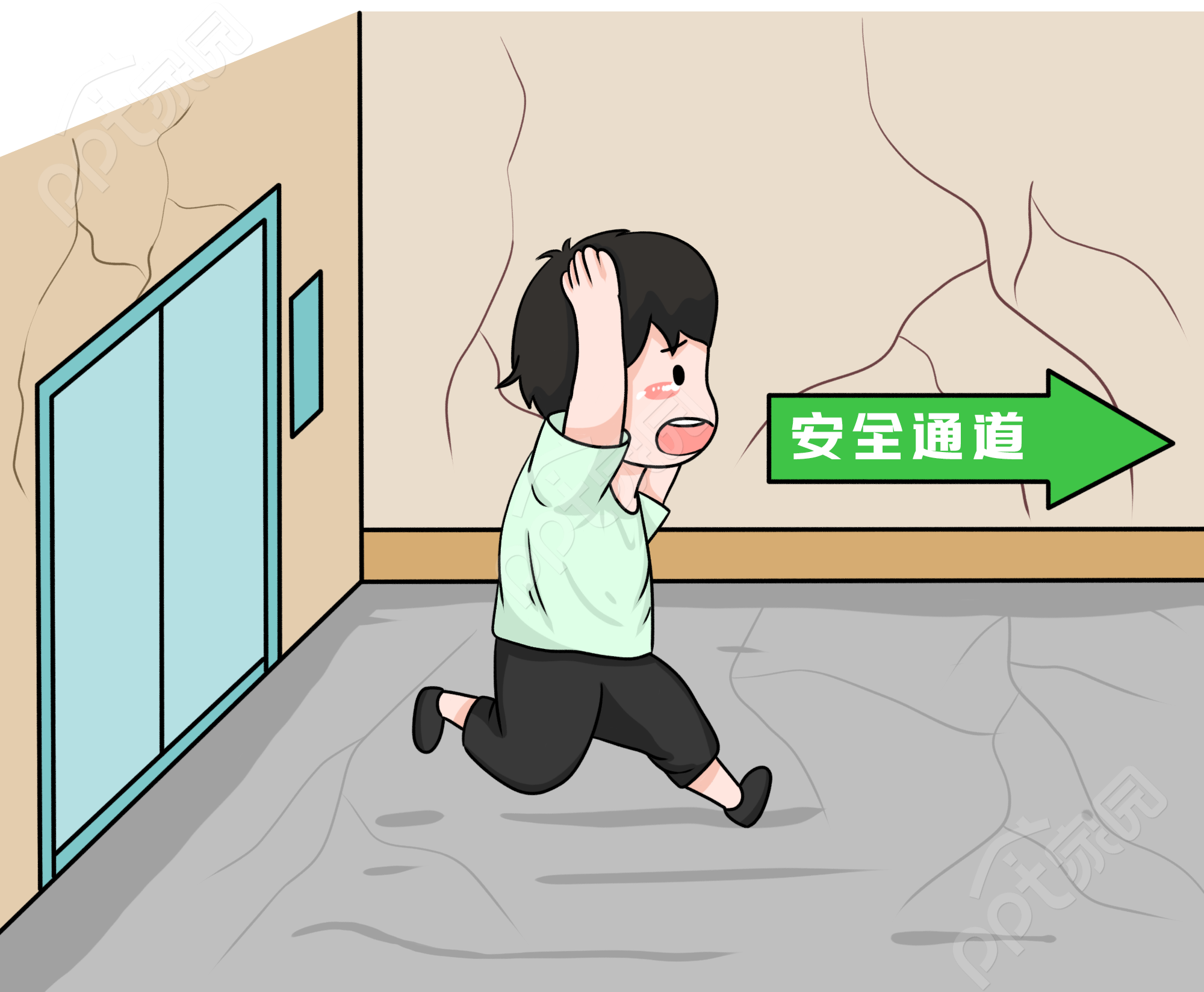 手绘安全警示小男孩楼道逃生矢量图片素材