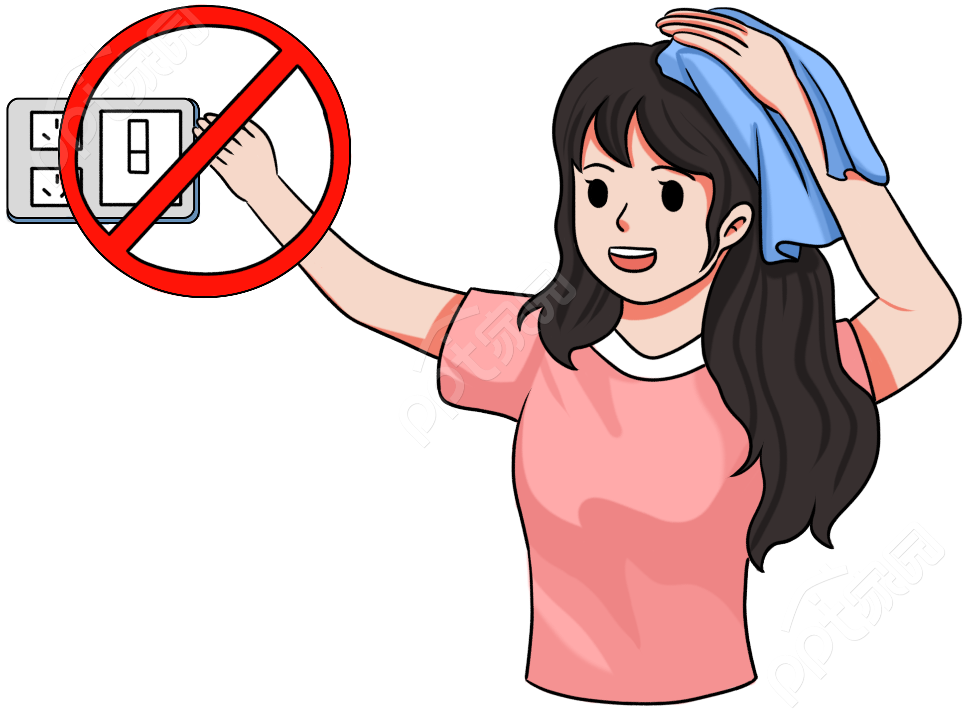 卡通手绘女生人物触摸电源用电安全警示矢量图片素材