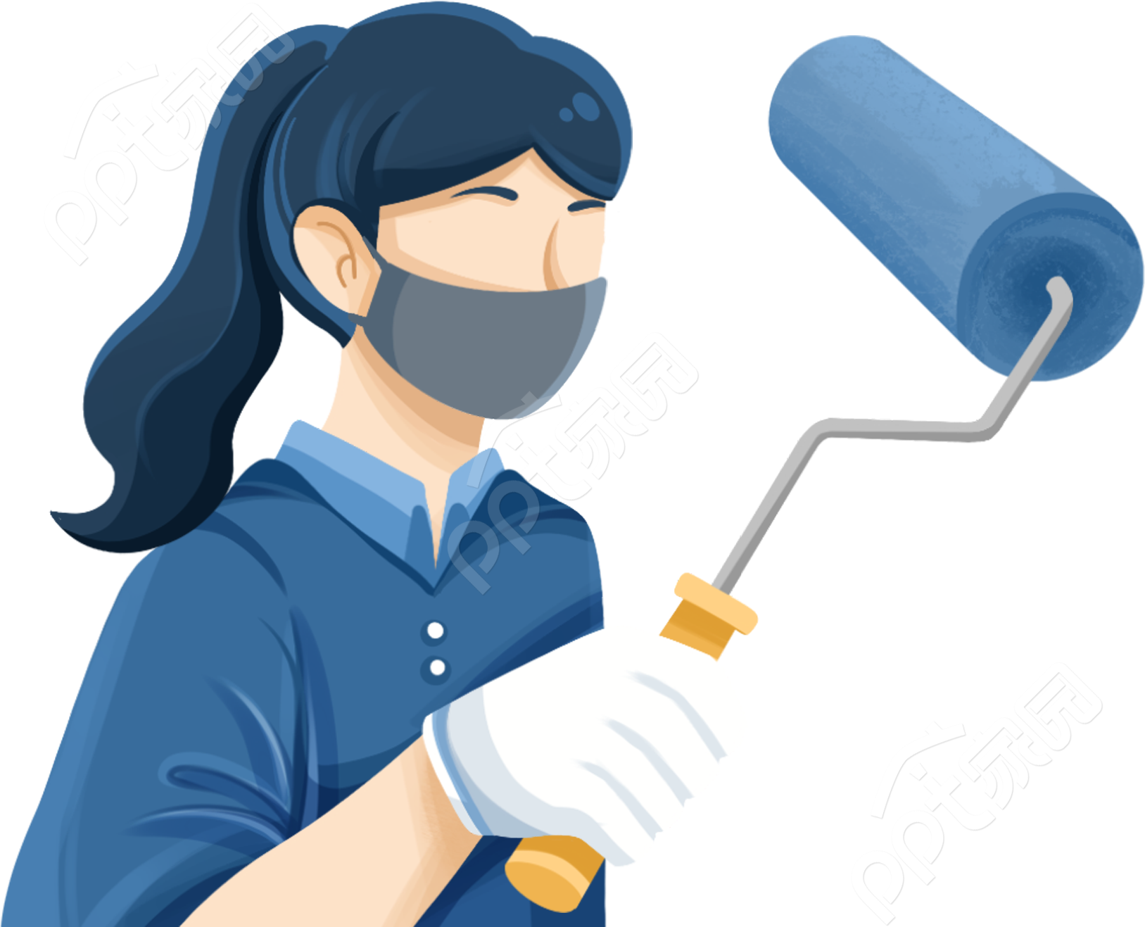 卡通手绘戴口罩高马尾刷漆女生图片免抠素材