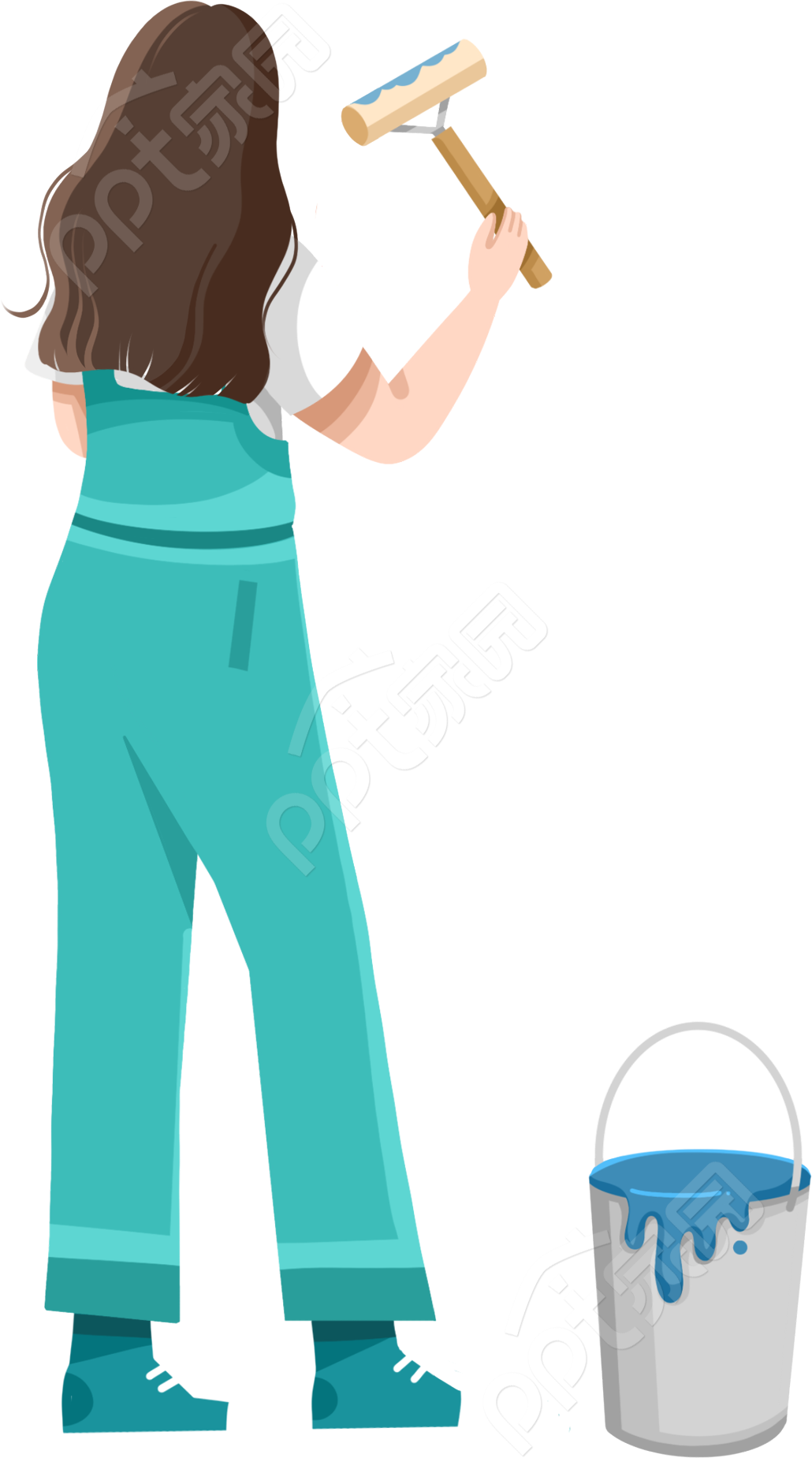 卡通手绘装饰工地刷漆女生背影图片免抠素材