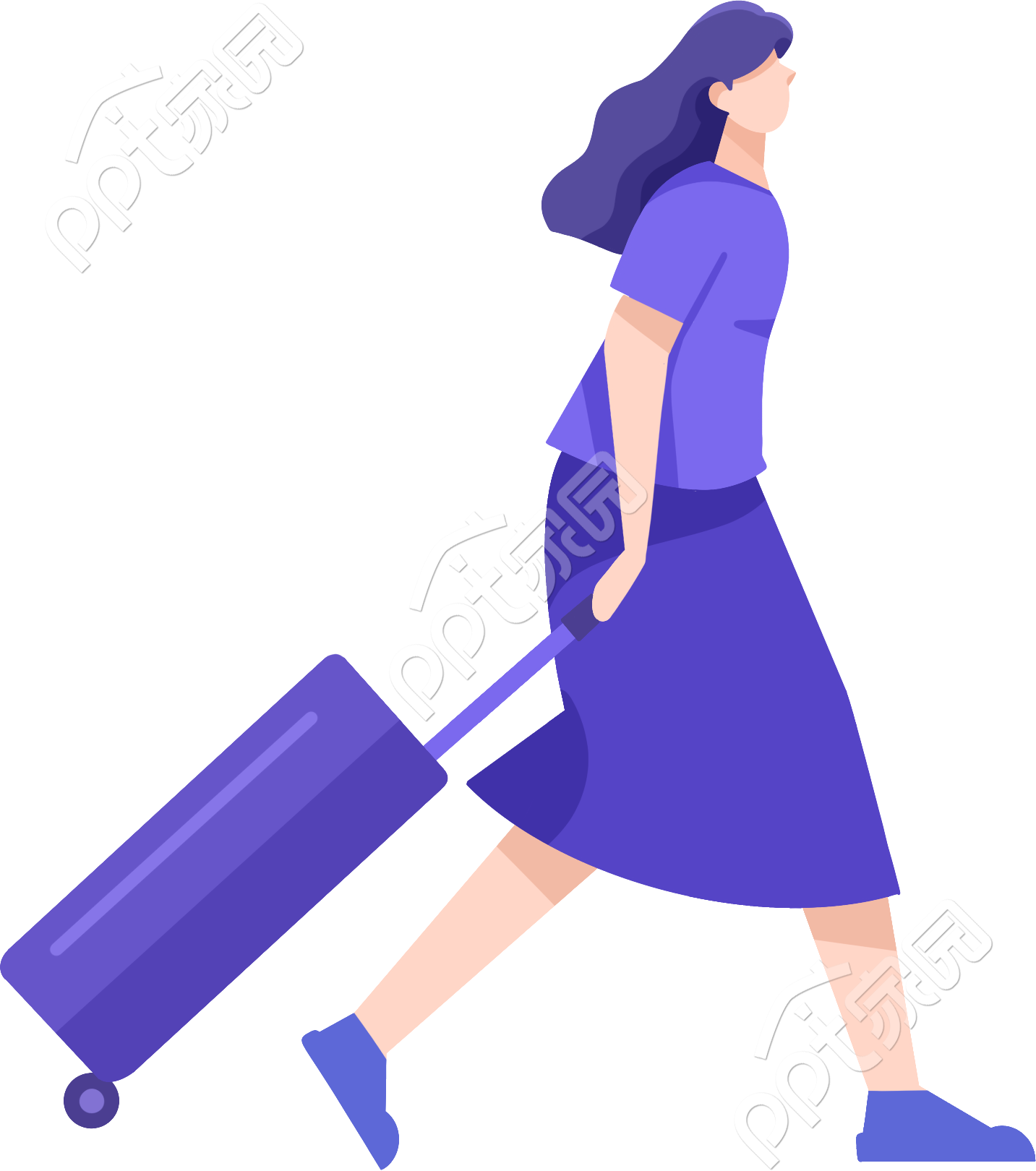 卡通手绘拖行李箱女生免抠素材