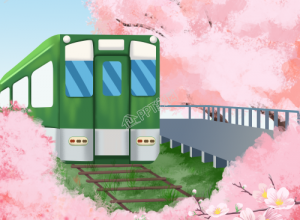 手绘浪漫火车上赏樱花插画素材下载推荐