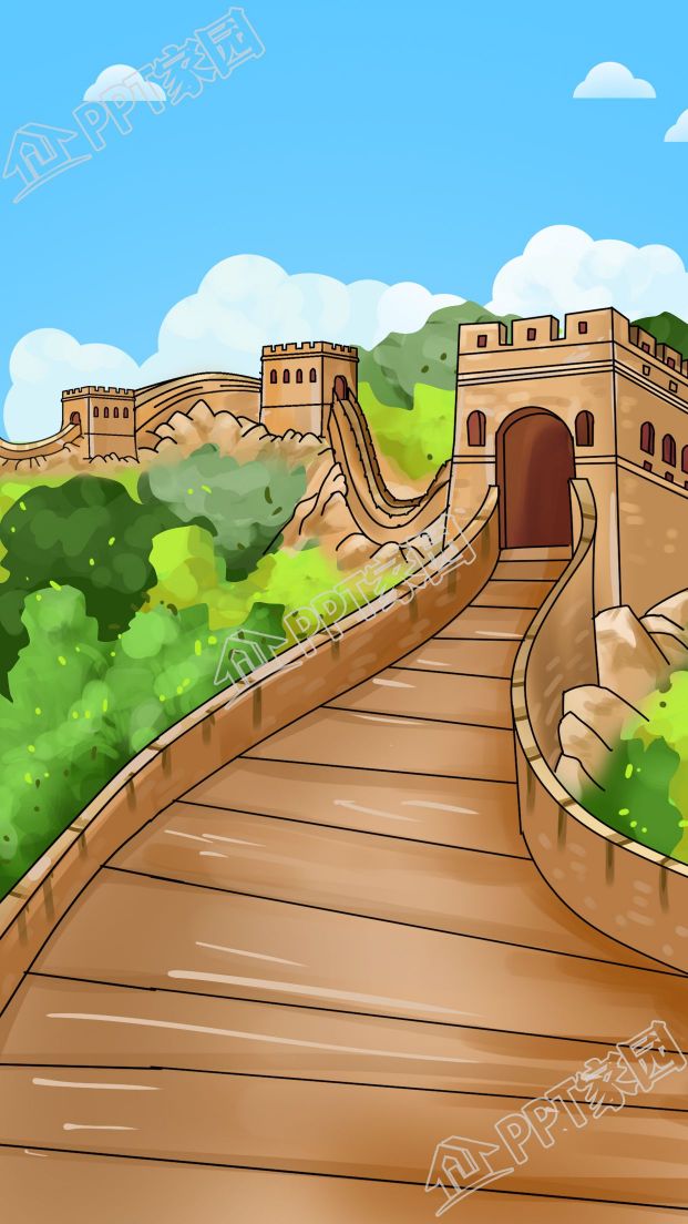 手绘蓝天白云绿植绿树古建筑背景图素材